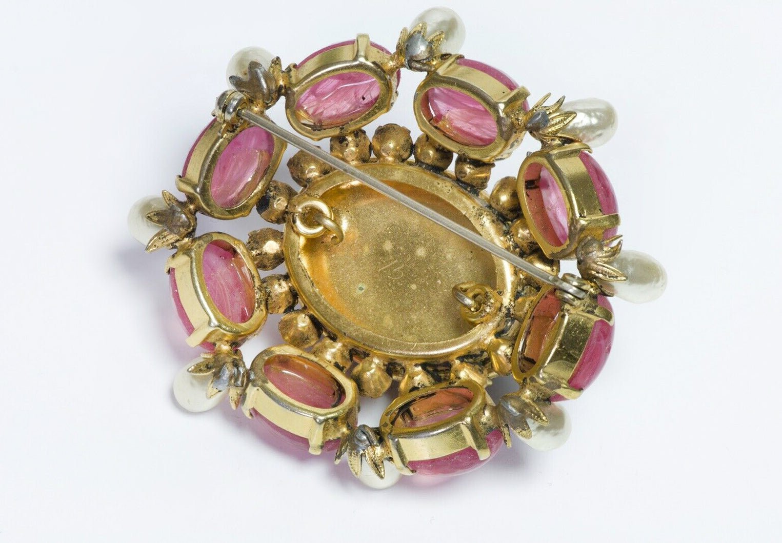 SCHREINER New York 1950’s Green Pink Cabochon Glass Crystal Pearl Brooch