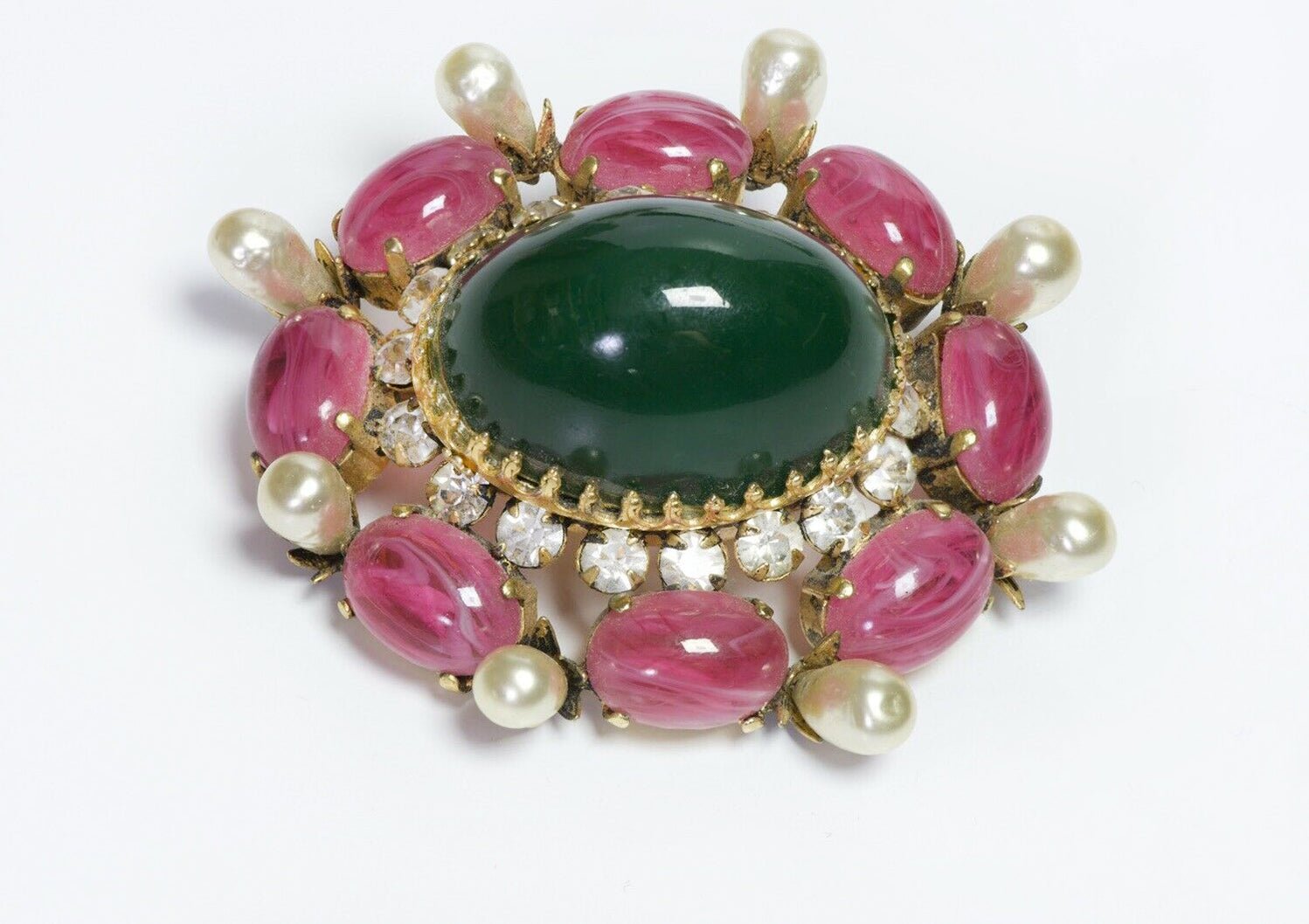 SCHREINER New York 1950’s Green Pink Cabochon Glass Crystal Pearl Brooch