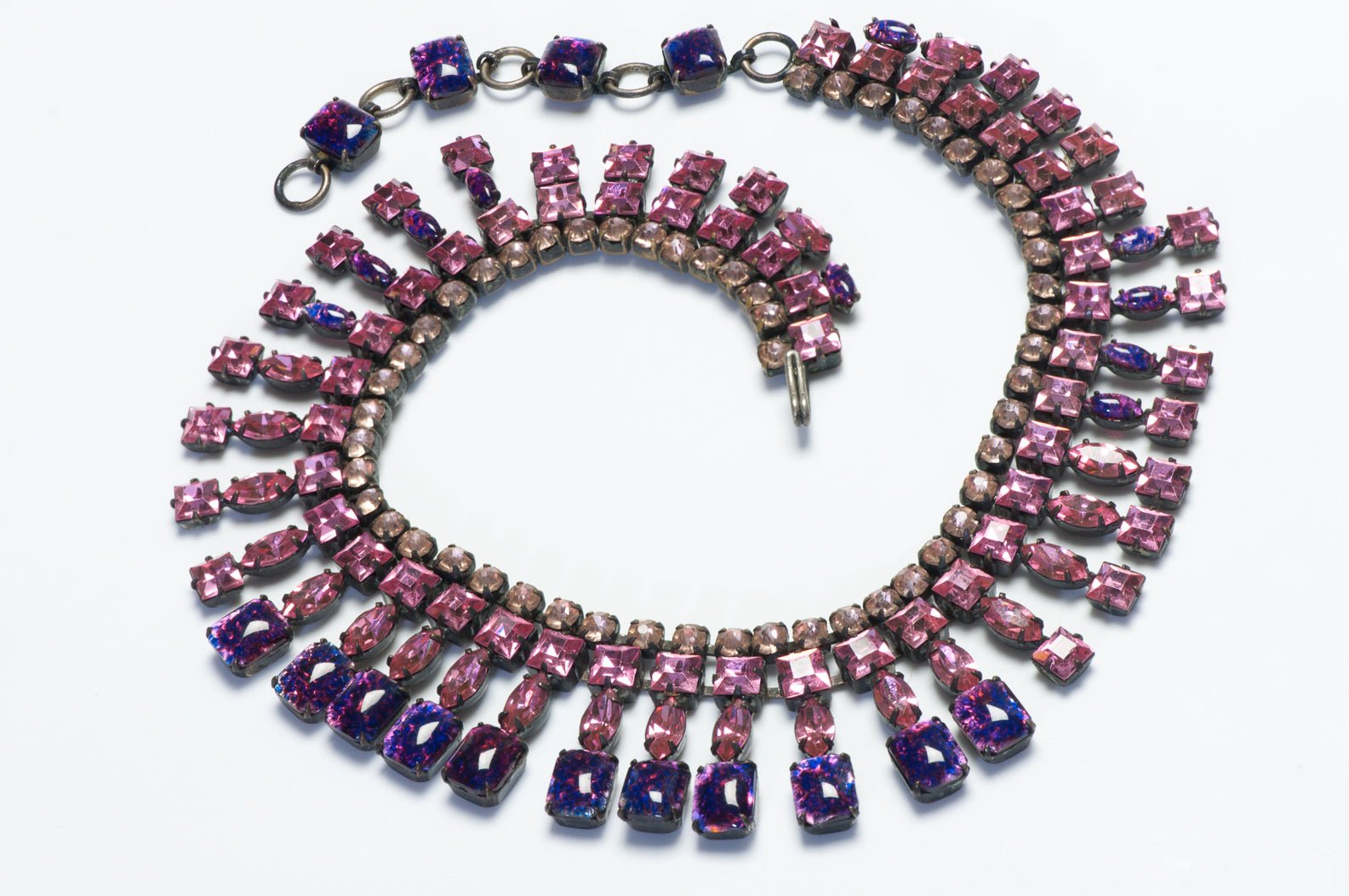 Schreiner New York 1950’s Pink Purple Crystal Glass Collar Necklace