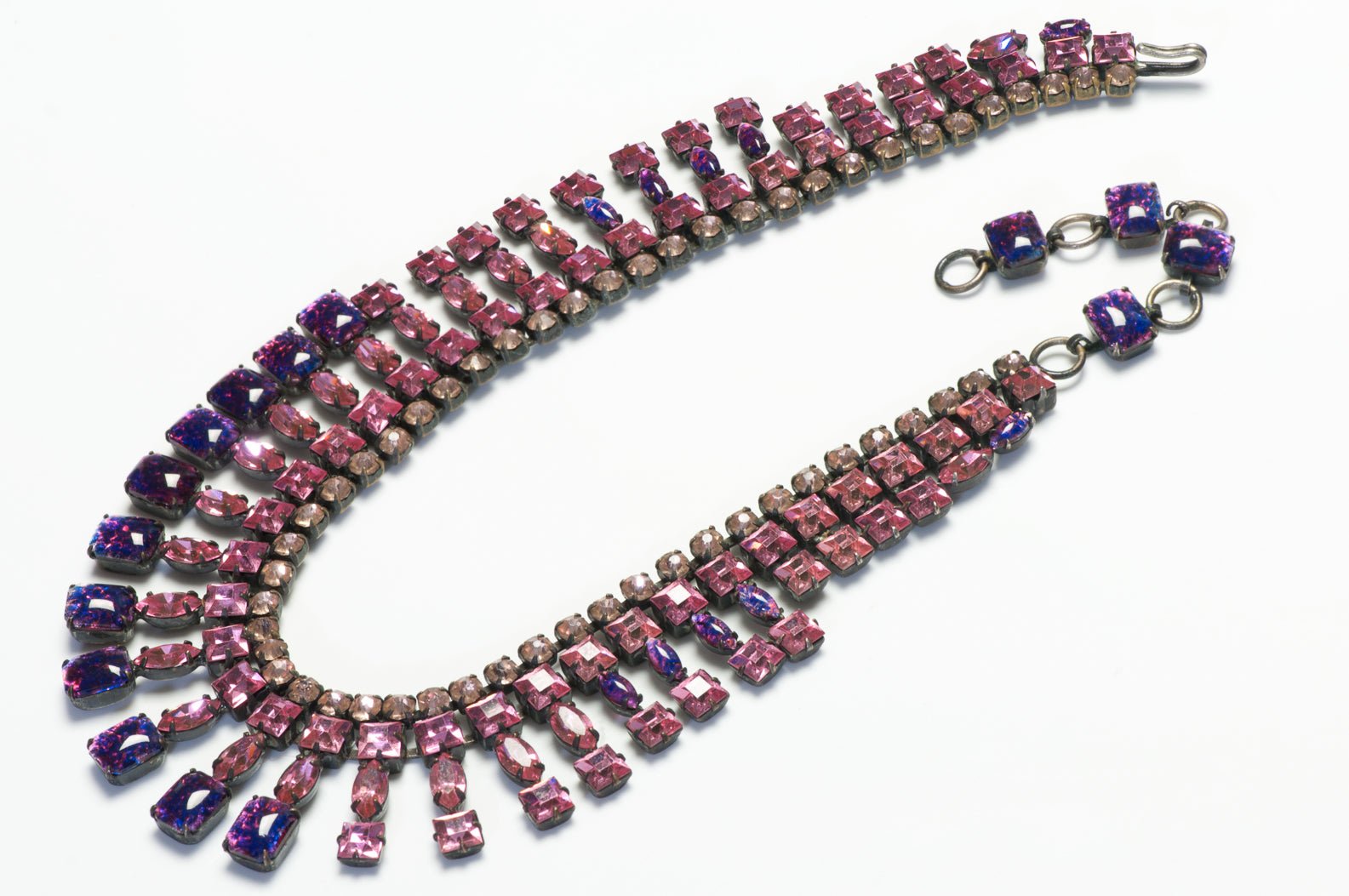 Schreiner New York 1950’s Pink Purple Crystal Glass Collar Necklace
