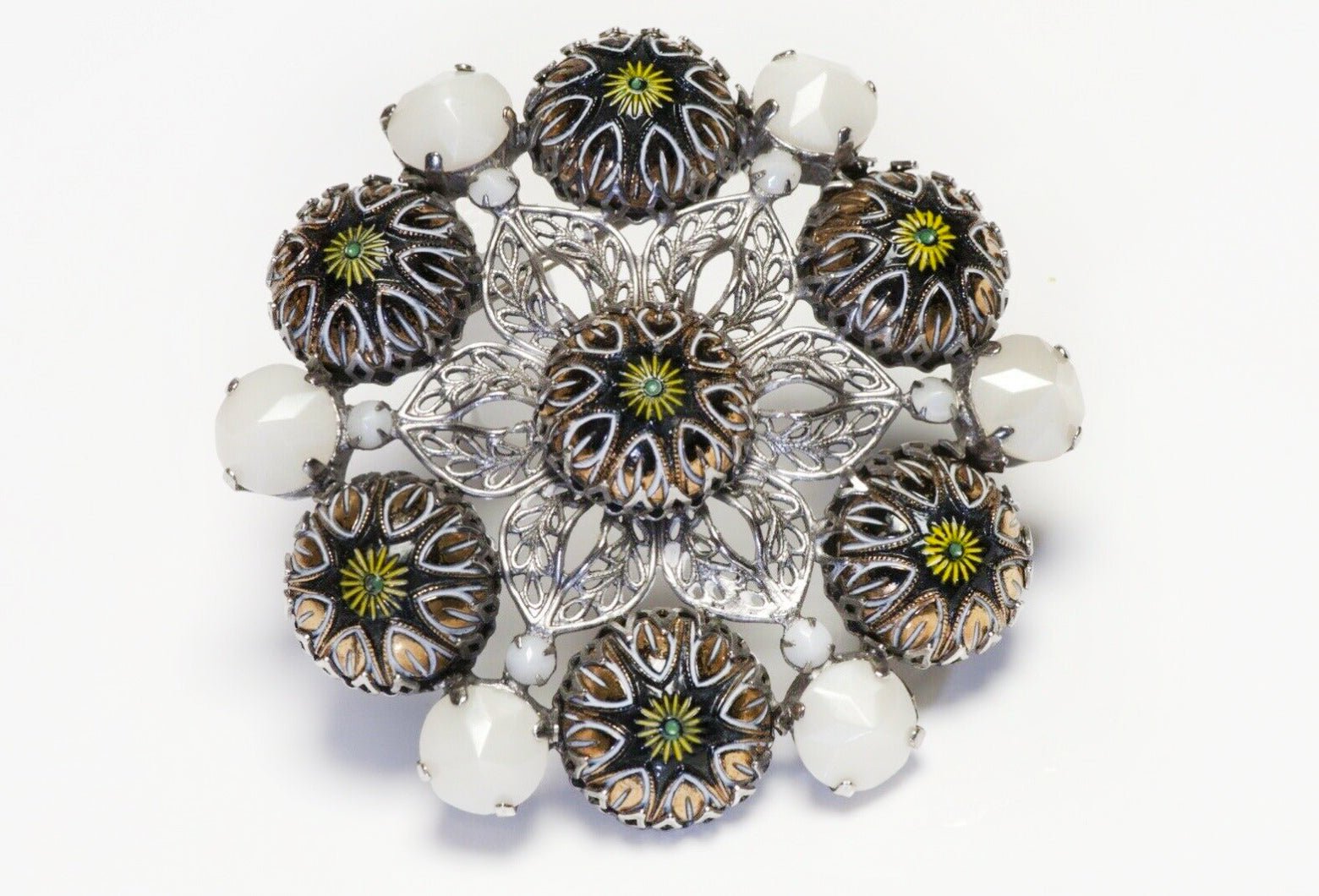 Schreiner New York 1950’s White Crystal Flower Enamel Pendant Brooch