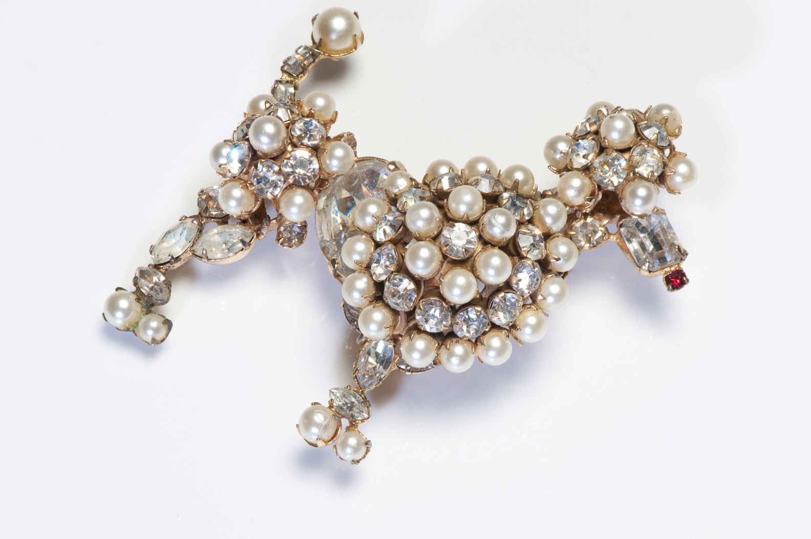 Schreiner New York 1960’s Crystal Faux Pearl Poodle Dog Brooch
