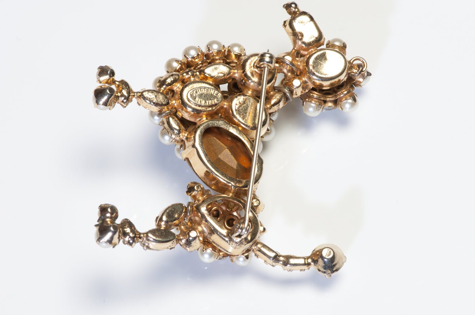 Schreiner New York 1960’s Crystal Faux Pearl Poodle Dog Brooch