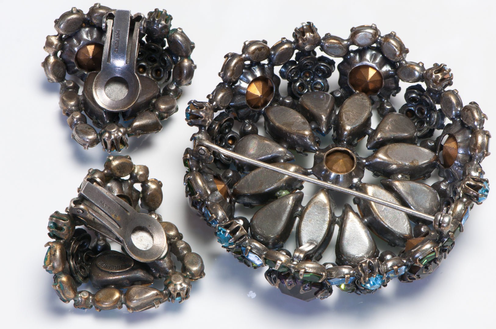 Schreiner NY 1950’s Blue Green Purple Crystal Flower Earrings Pendant Brooch Set