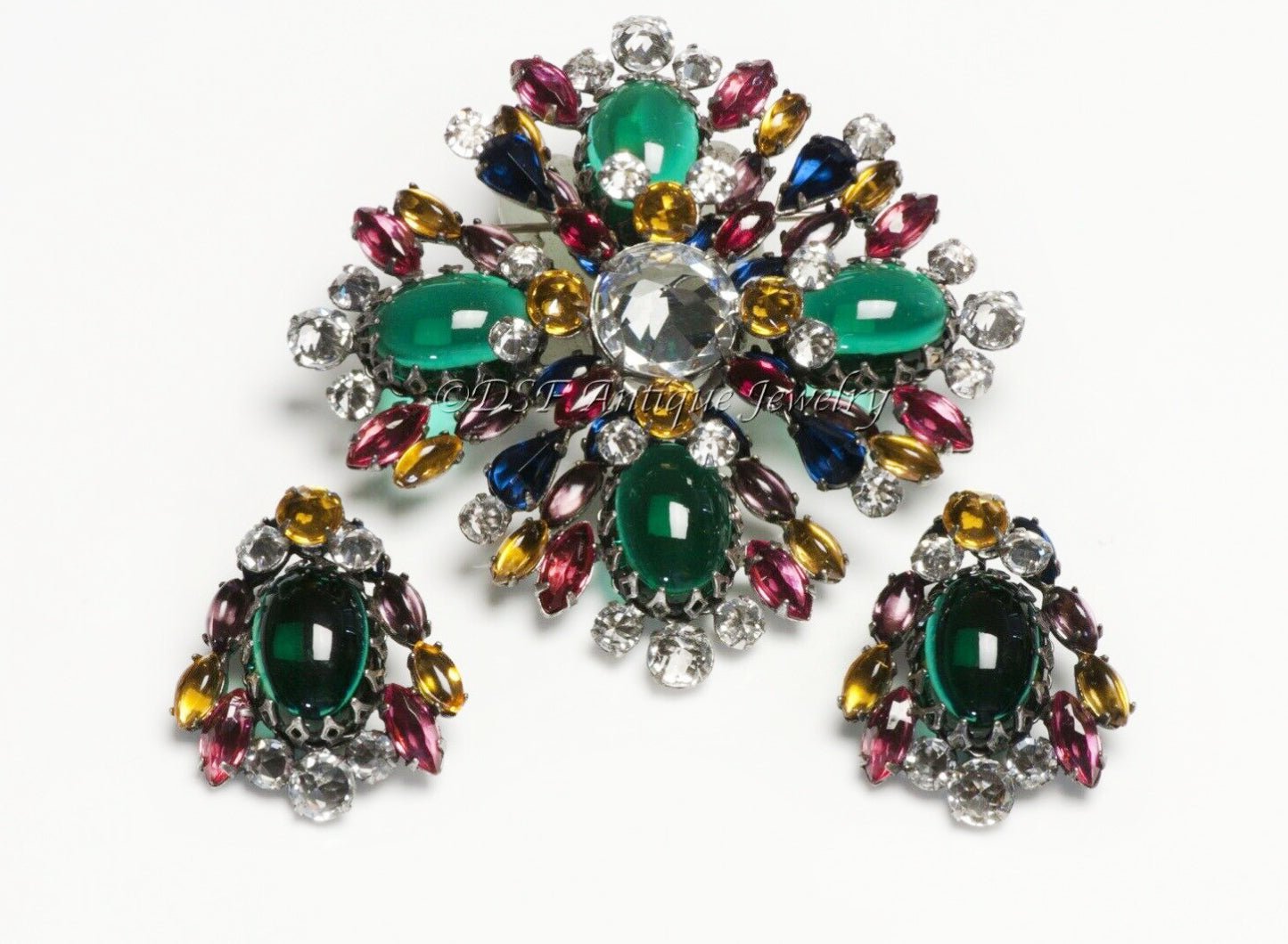 SCHREINER NY 1950’s Green Pink Crystal Brooch Earrings Set