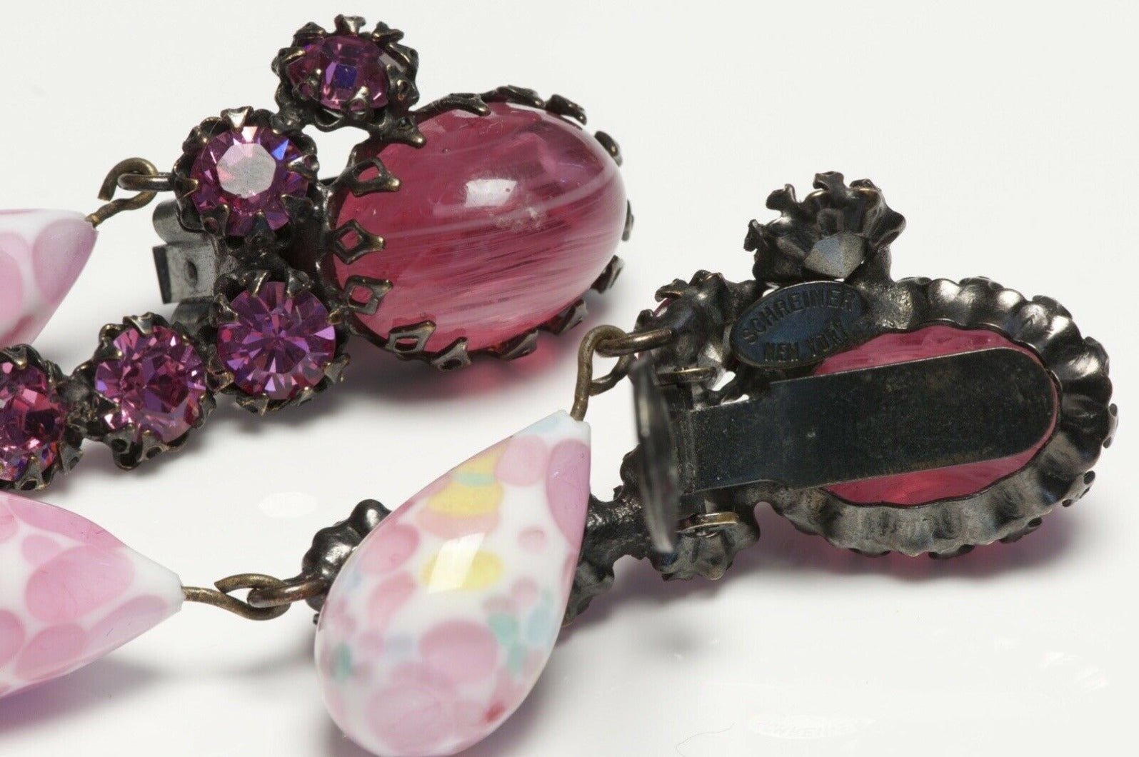 SCHREINER NY 1950’s Pink Cabochon Glass Crystal Drop Earrings