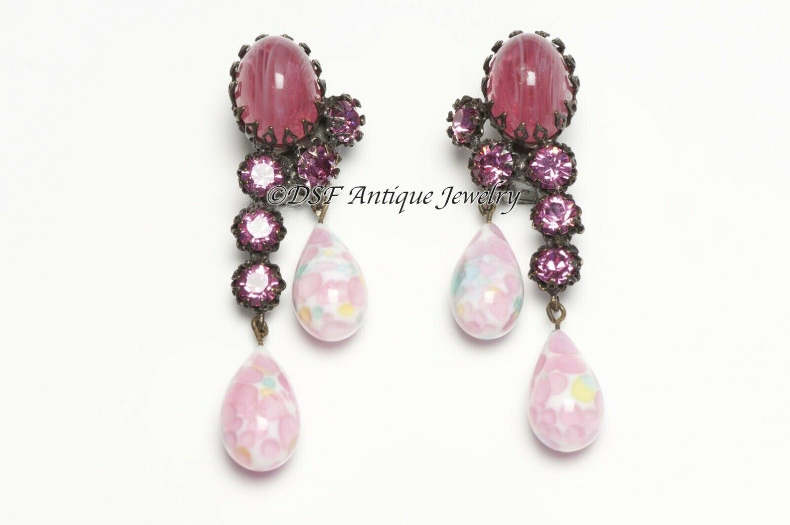 SCHREINER NY 1950’s Pink Cabochon Glass Crystal Drop Earrings
