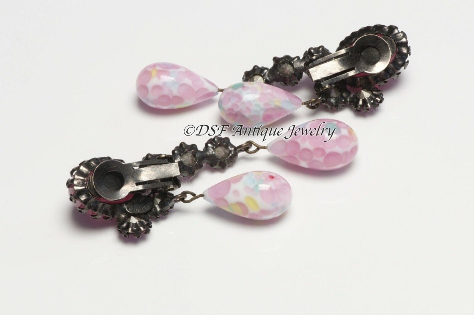 SCHREINER NY 1950’s Pink Cabochon Glass Crystal Drop Earrings