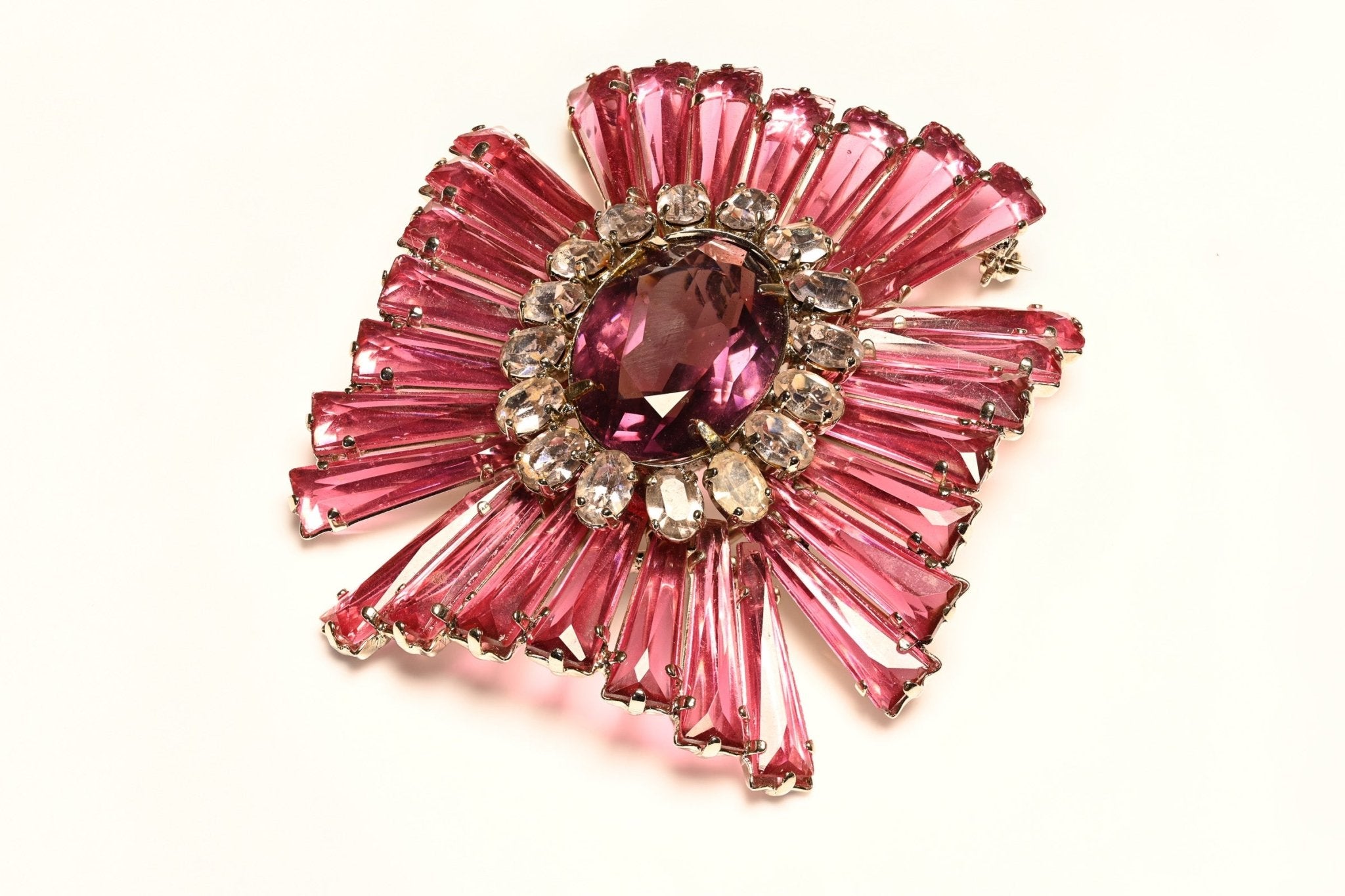 Schreiner NY 1950's Pink Purple Keystone Ruffle Crystal Maltese Cross Pendant Brooch