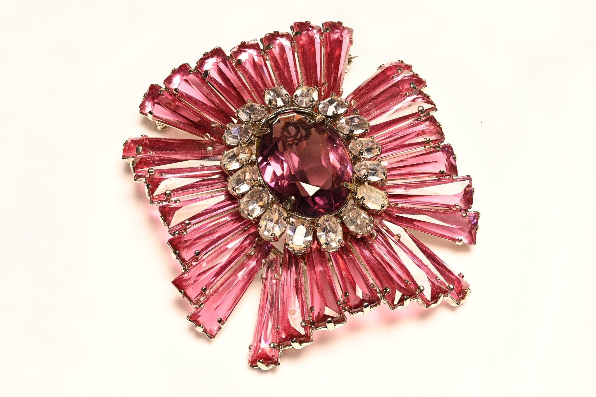 Schreiner NY 1950's Pink Purple Keystone Ruffle Crystal Maltese Cross Pendant Brooch