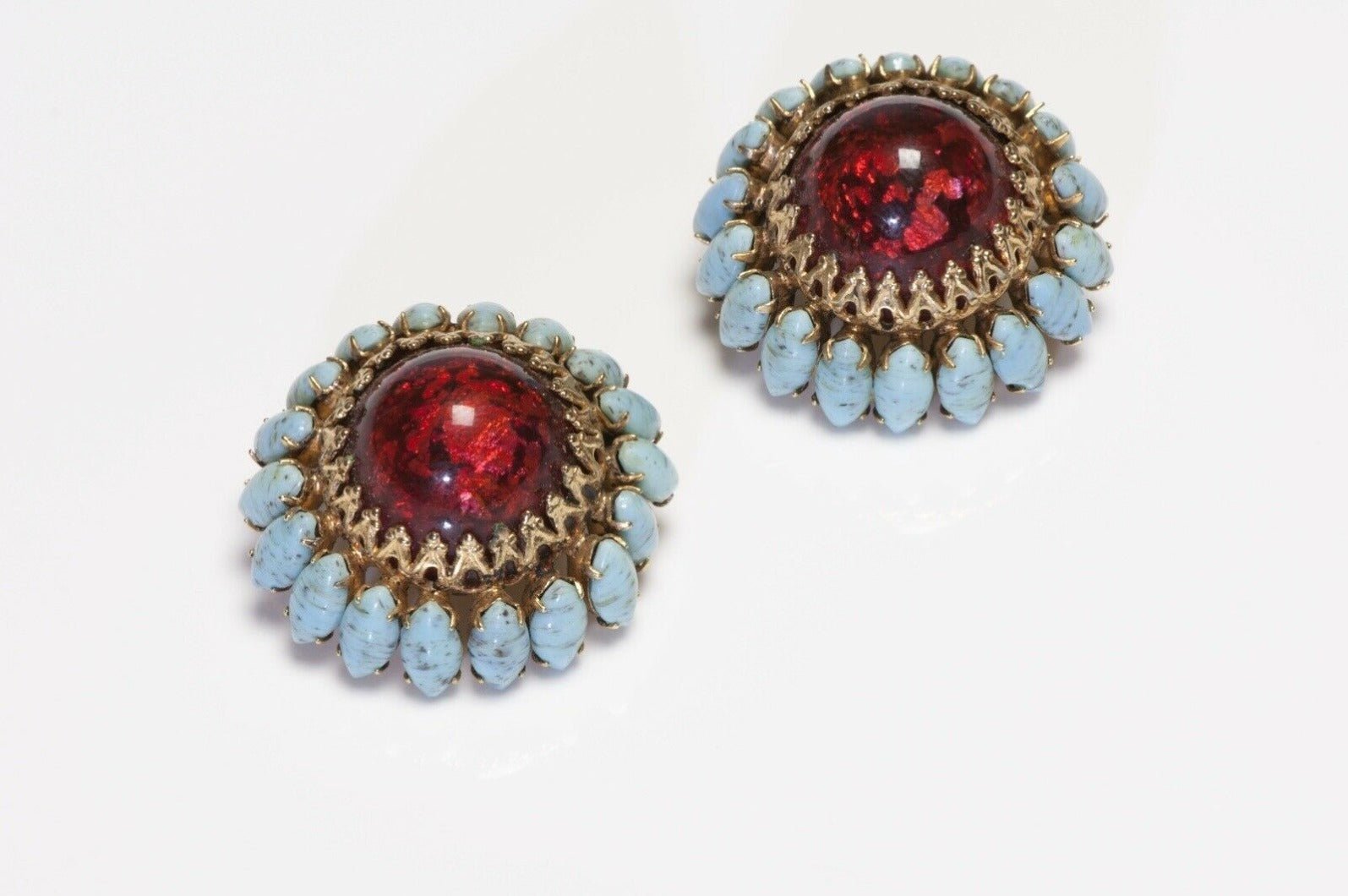 Schreiner NY 1950’s Red Cabochon Glass Blue Crystal Flower Earrings