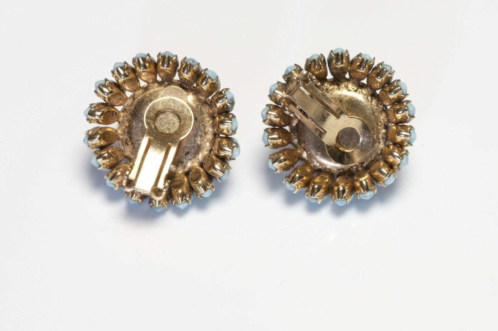 Schreiner NY 1950’s Red Cabochon Glass Blue Crystal Flower Earrings