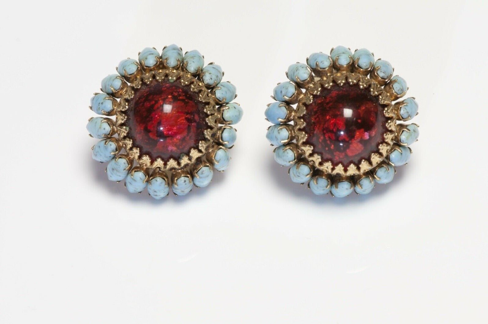 Schreiner NY 1950’s Red Cabochon Glass Blue Crystal Flower Earrings