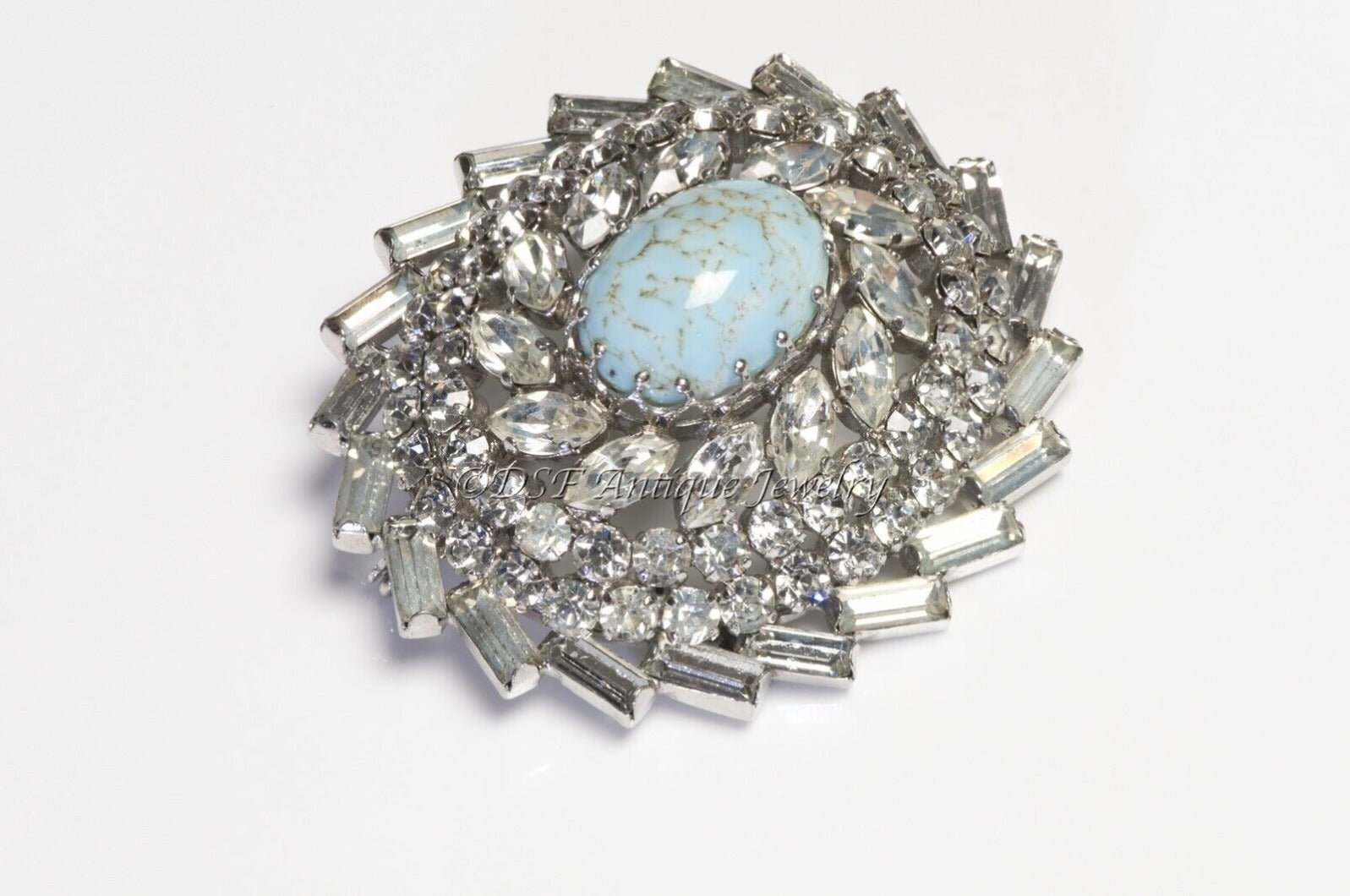SCHREINER NY 1950’s Rhodium Plated Crystal Faux Turquoise Brooch