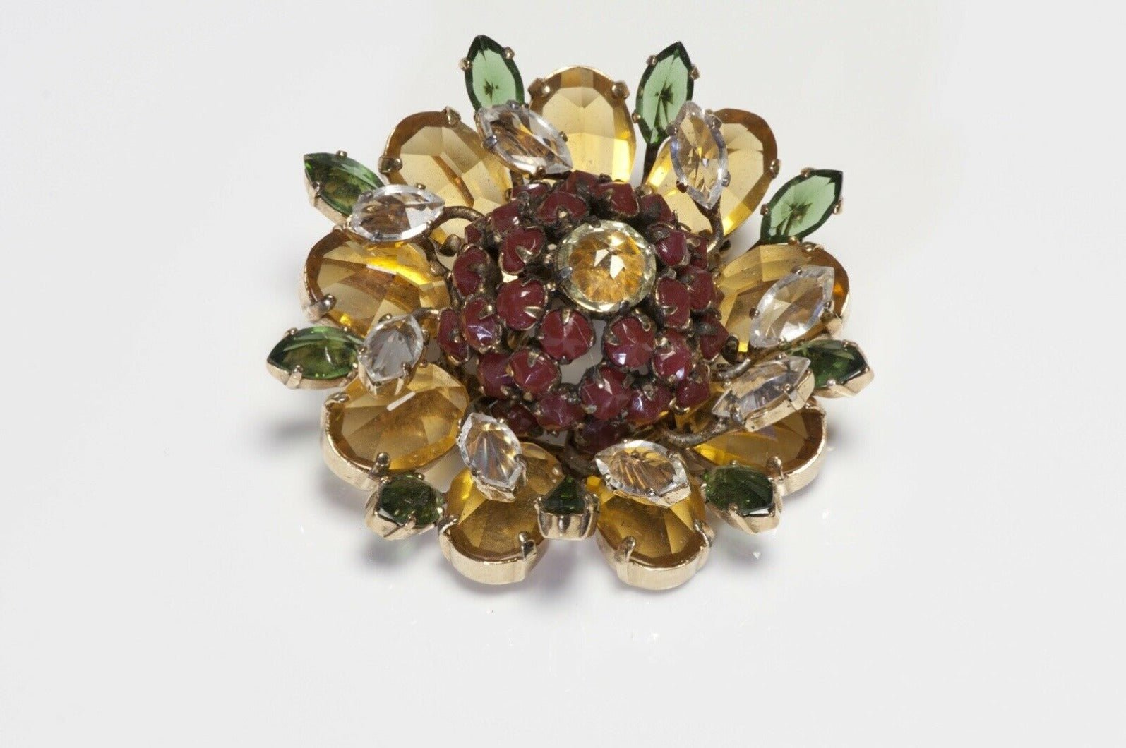 SCHREINER NY 1950’s Yellow Red Green Crystal Flower Brooch