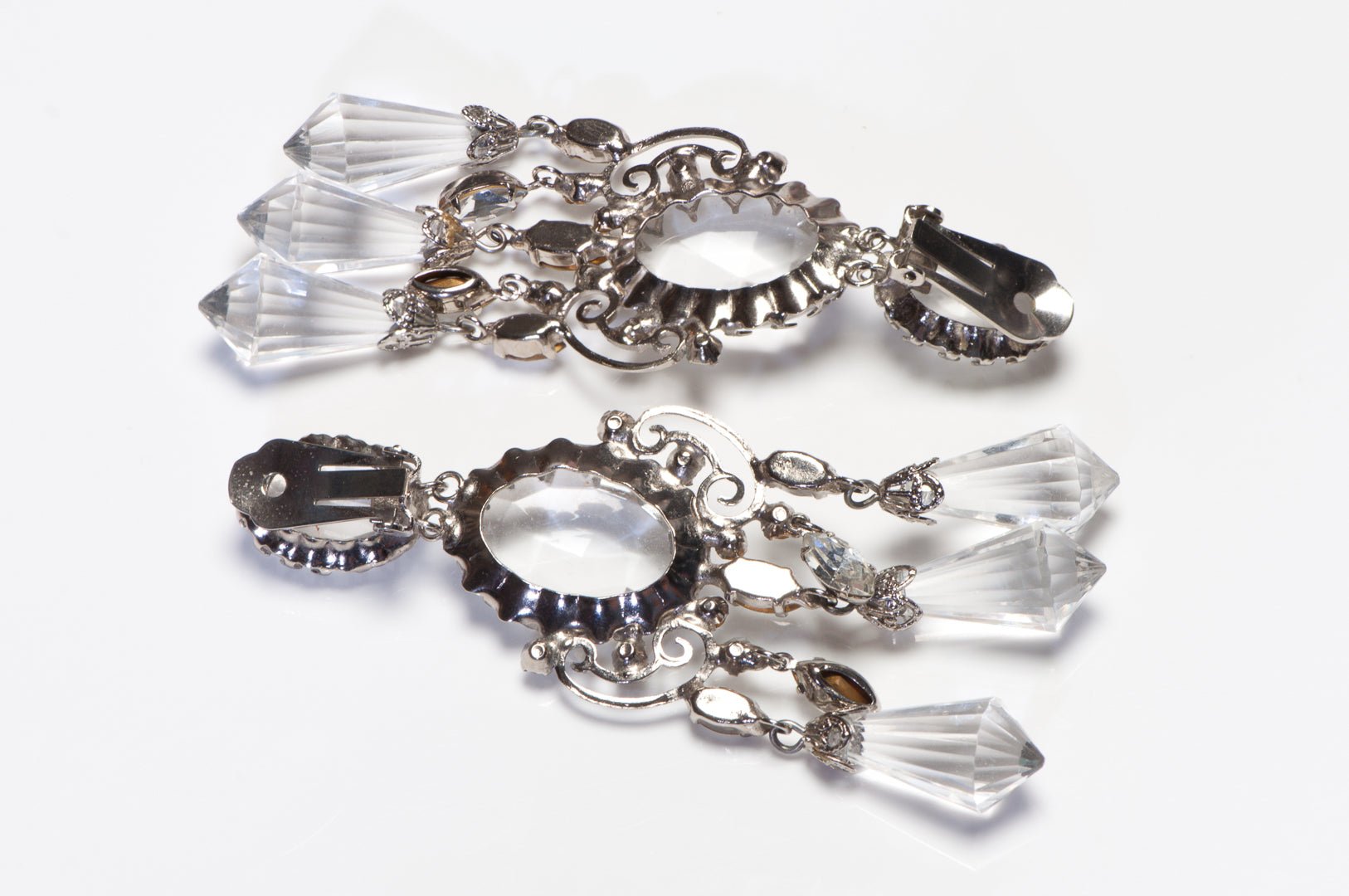 Schreiner NY 1960's Long Clear Crystal Tassel Chandelier Earrings