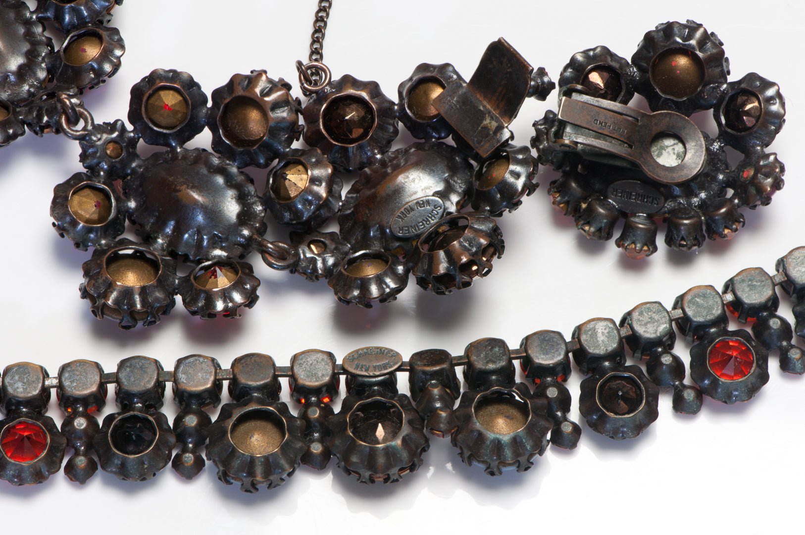 Schreiner NY 1960’s Opaline Glass Red Crystal Necklace Bracelet Earrings Set