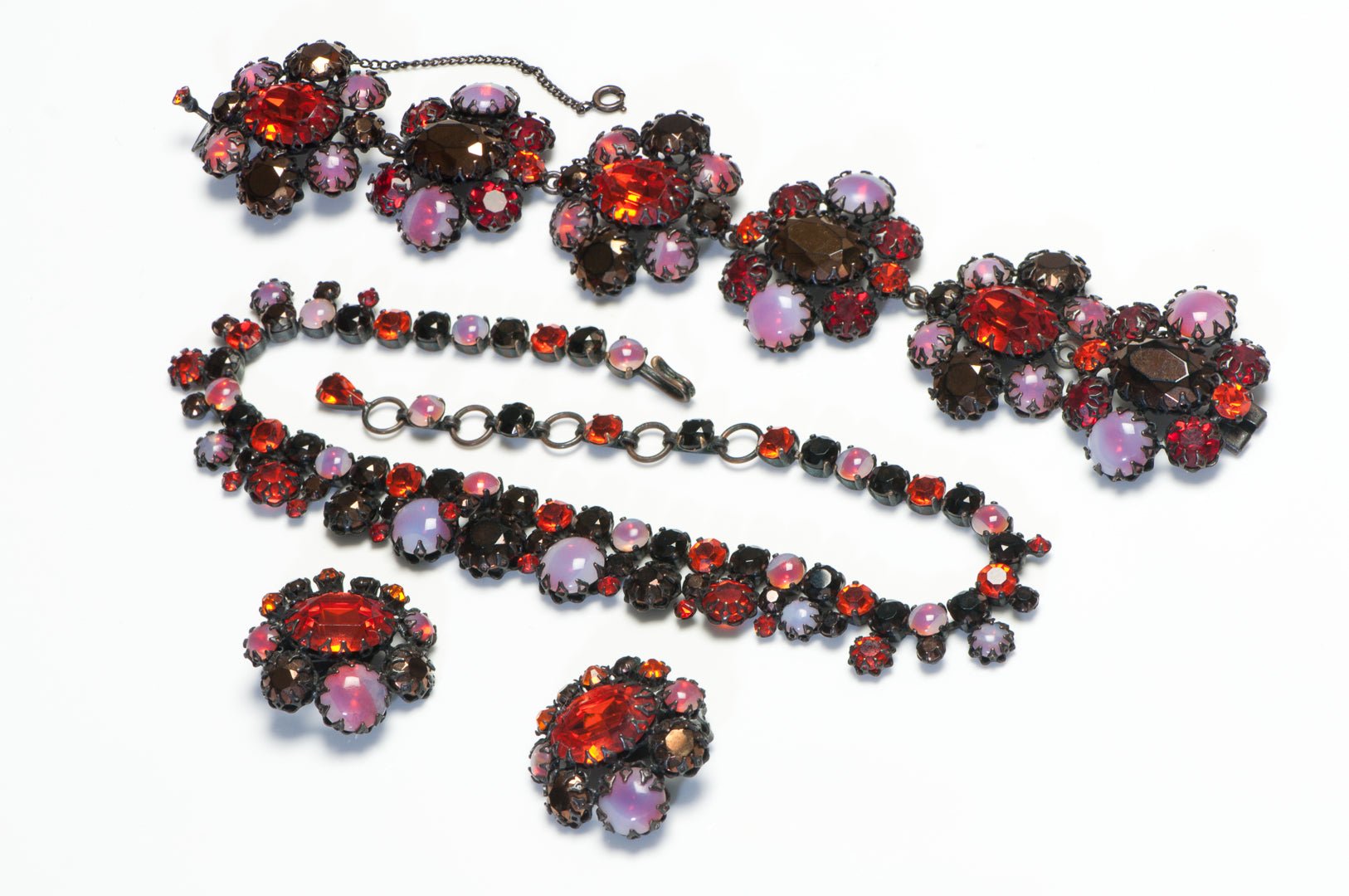 Schreiner NY 1960’s Opaline Glass Red Crystal Necklace Bracelet Earrings Set