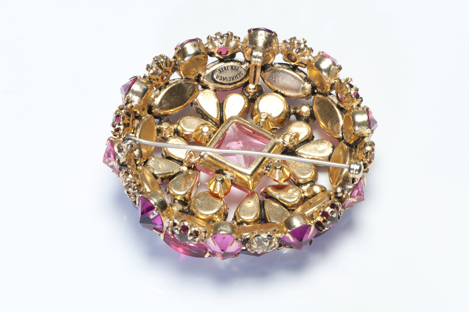 Schreiner NY 1960’s Pink Red Orange Crystal Flower Pendant Brooch