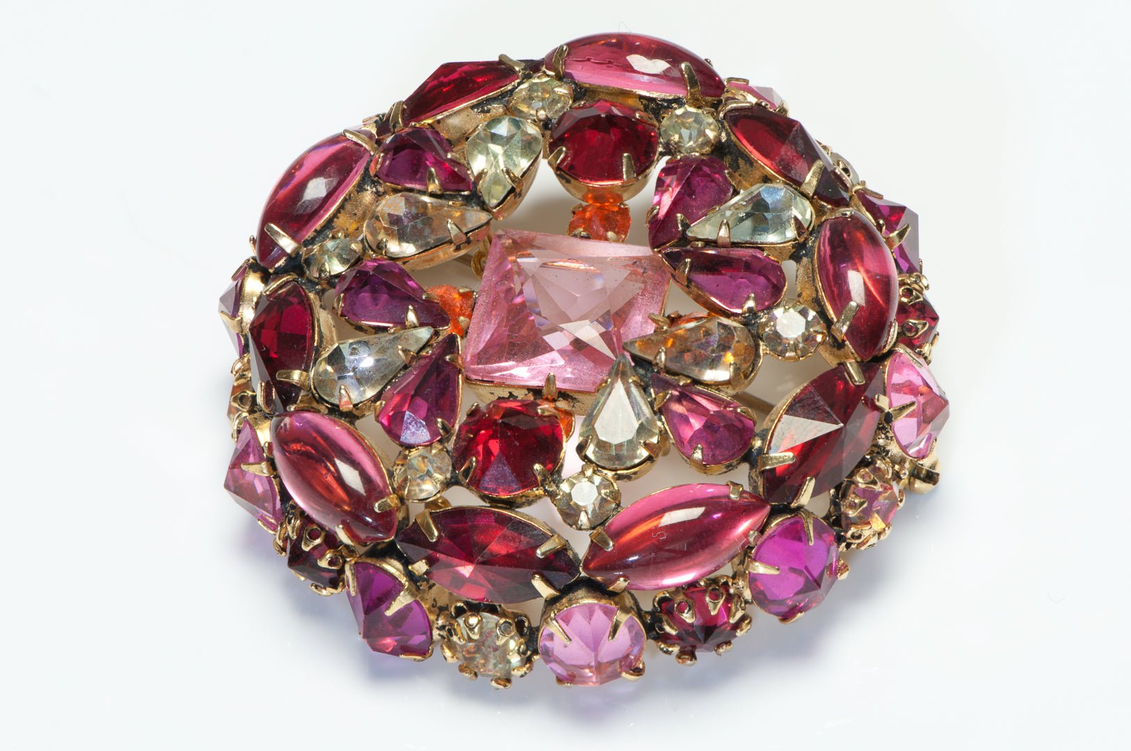 Schreiner NY 1960’s Pink Red Orange Crystal Flower Pendant Brooch