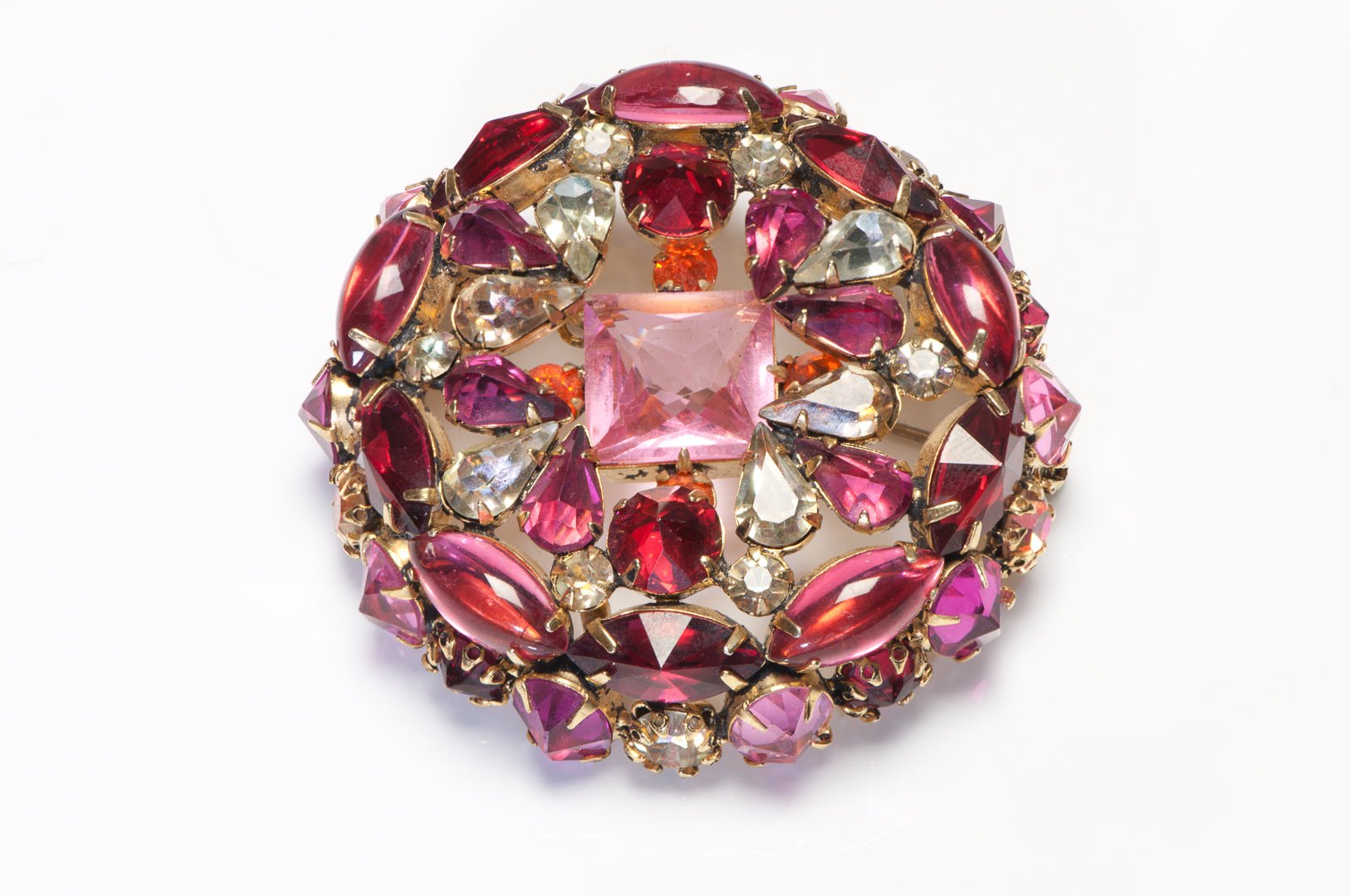 Schreiner NY 1960’s Pink Red Orange Crystal Flower Pendant Brooch