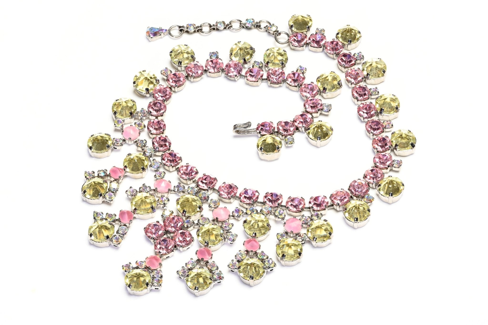Schreiner NY Haute Couture 1950's Pink Yellow Green Crystal Drop Collar Necklace