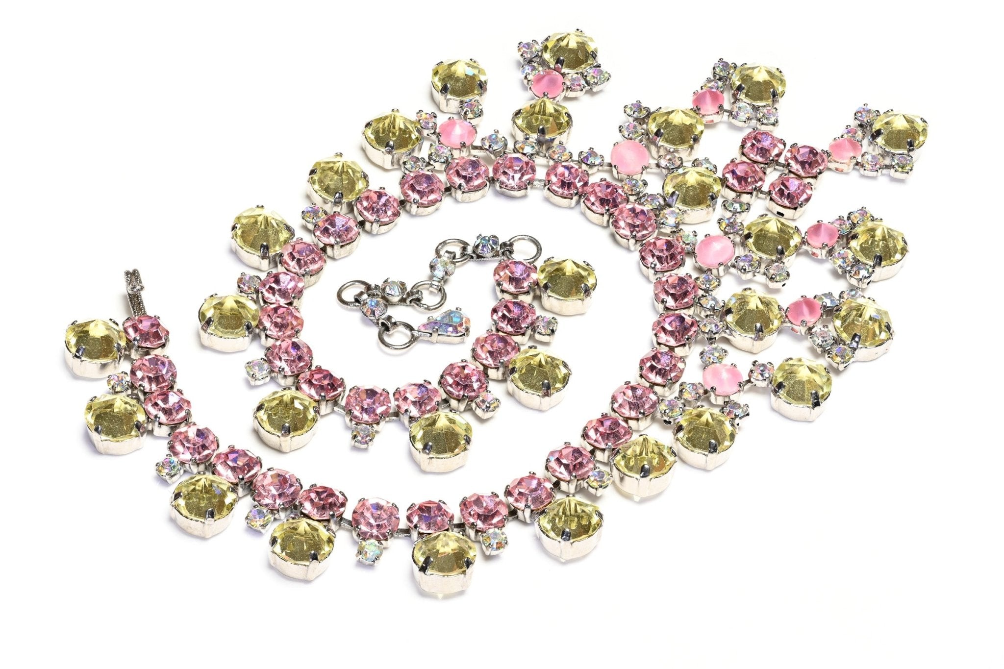 Schreiner NY Haute Couture 1950's Pink Yellow Green Crystal Drop Collar Necklace