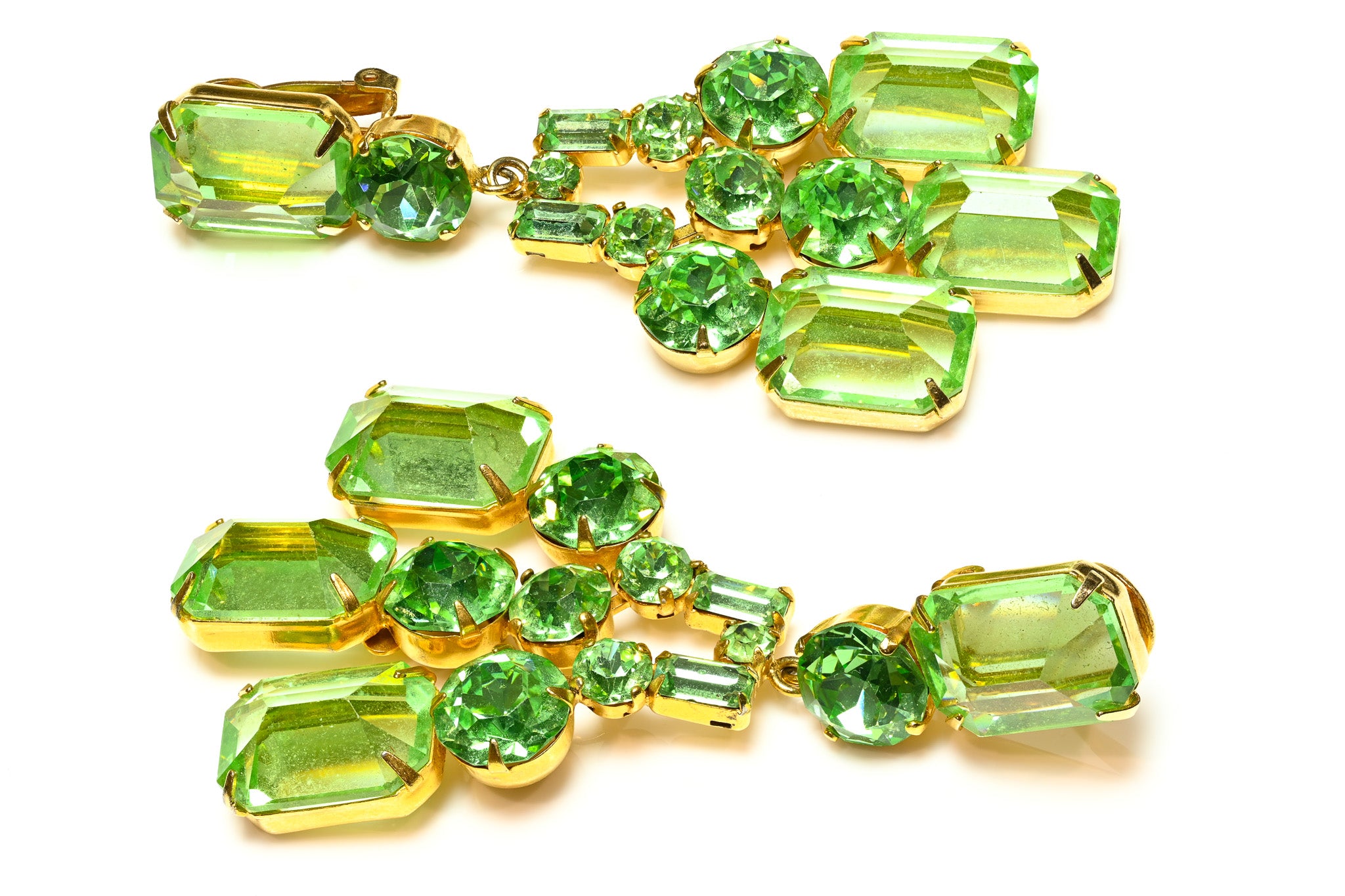 Vintage Schreiner NY Green Crystal Long Chandelier Earrings