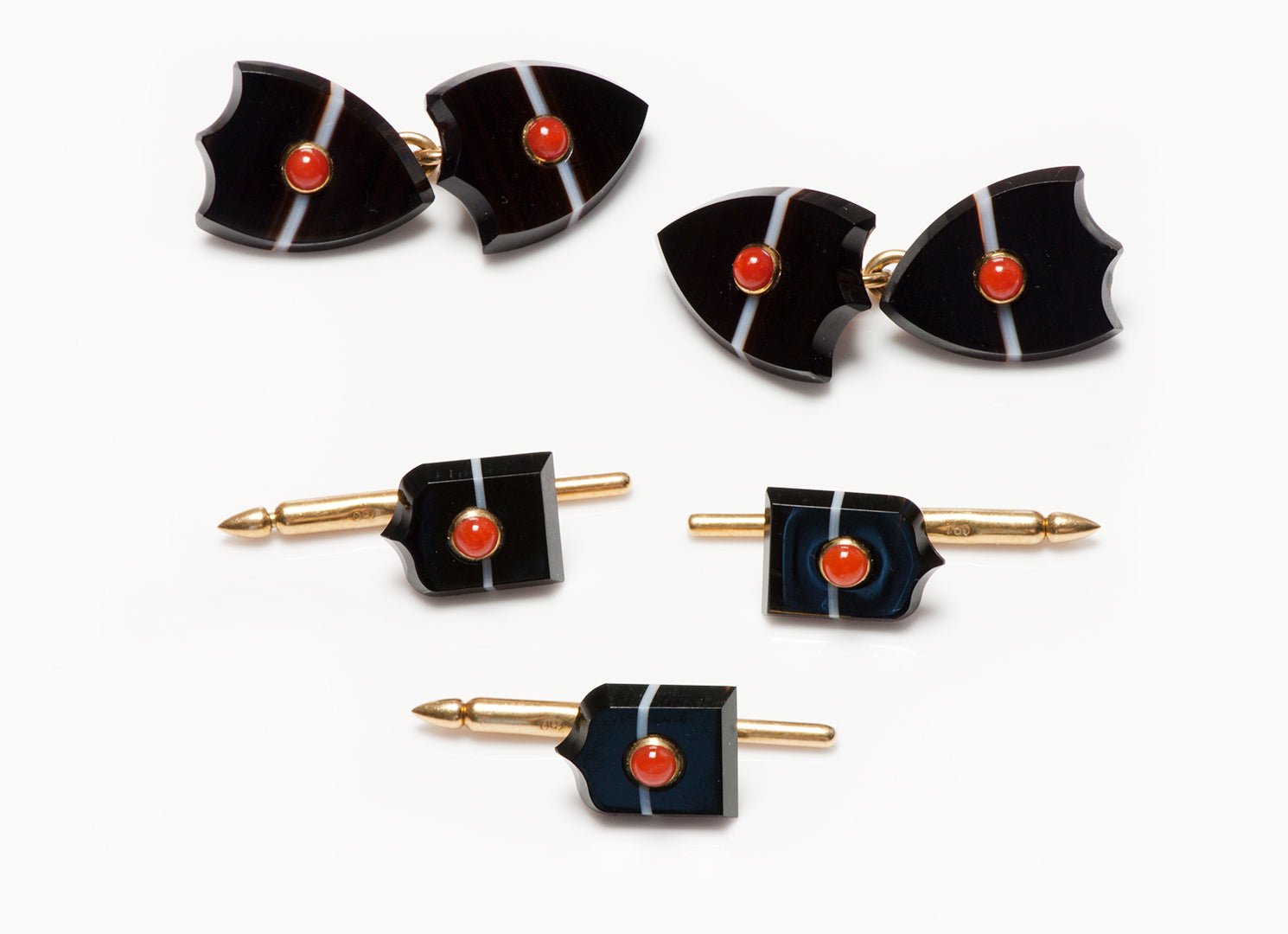 Seaman Schepps Gold Agate Coral Cufflink & Stud Set