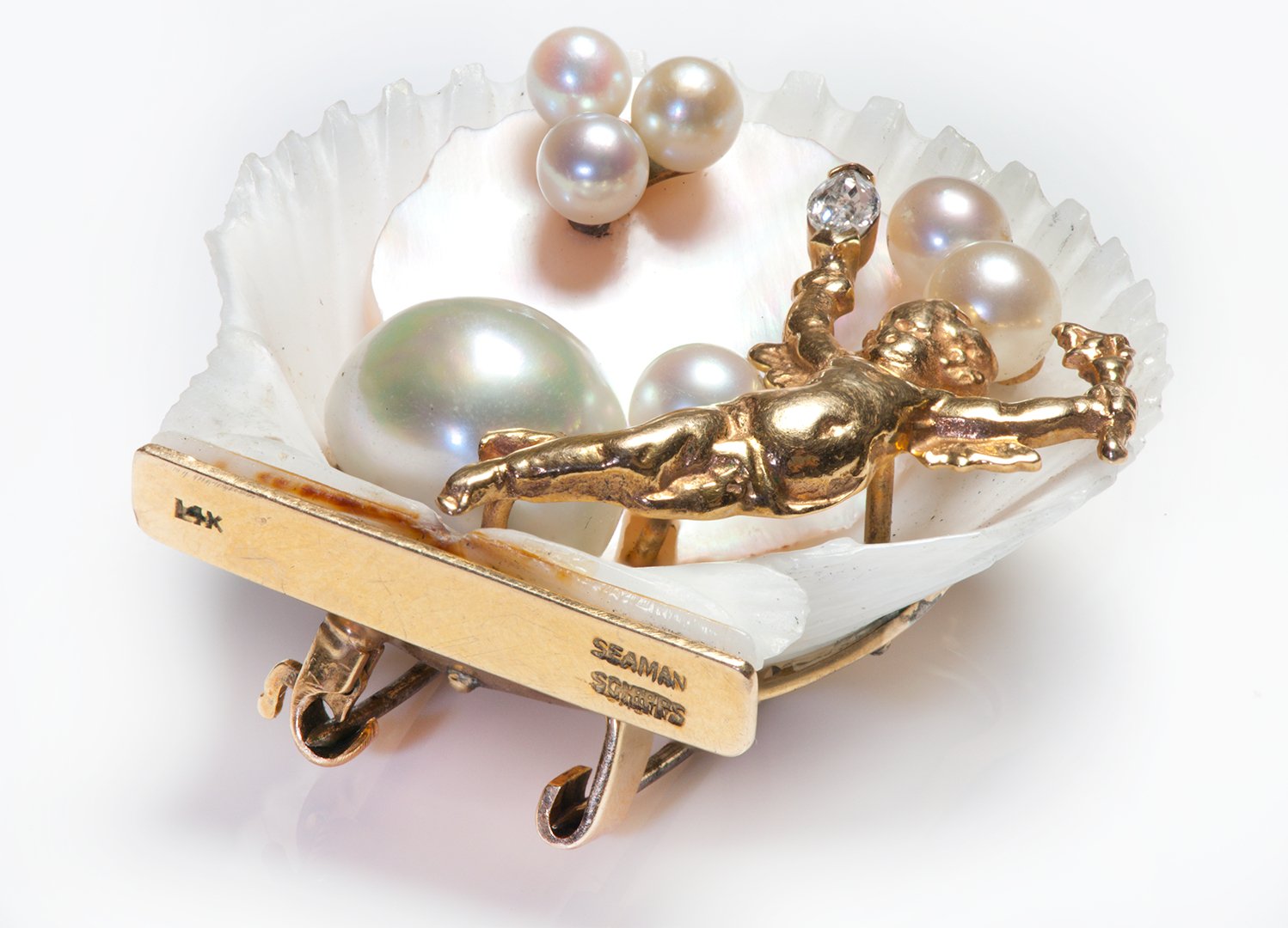 Seaman Schepps Gold Cherub Shell Pearl Marquise Diamond Brooch