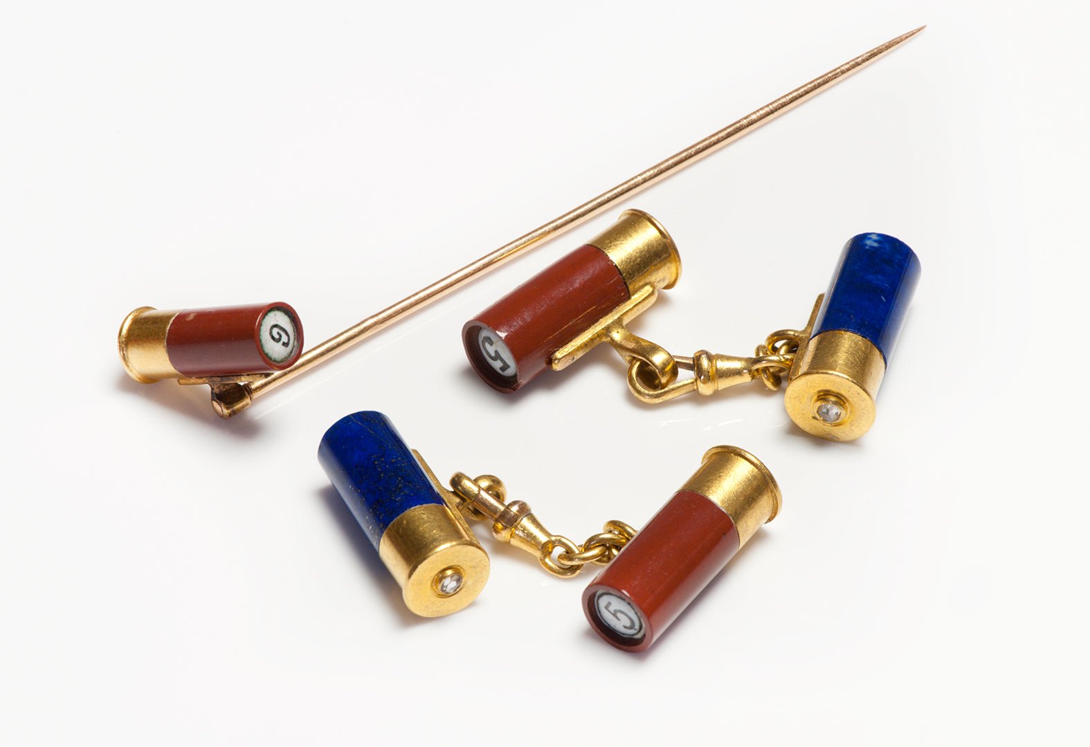 Shotgun Cartridge Gold Enamel Diamond Cufflinks Stick Pin