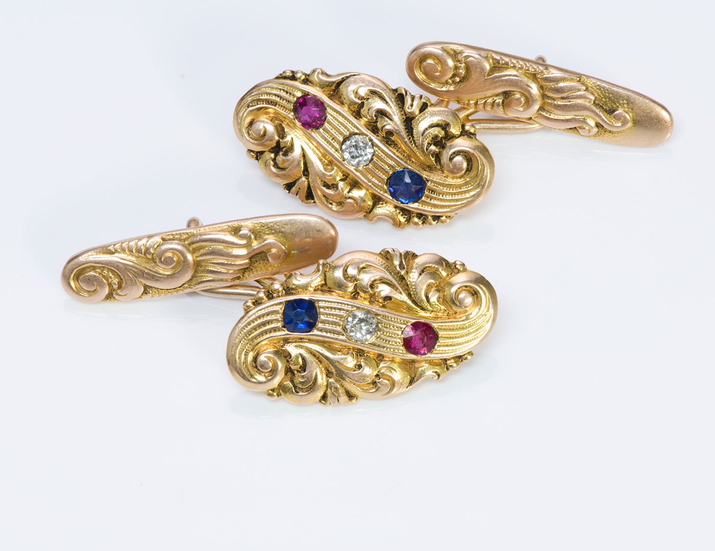 Shreve & Co. Antique Gold Ruby Diamond Sapphire Cufflinks