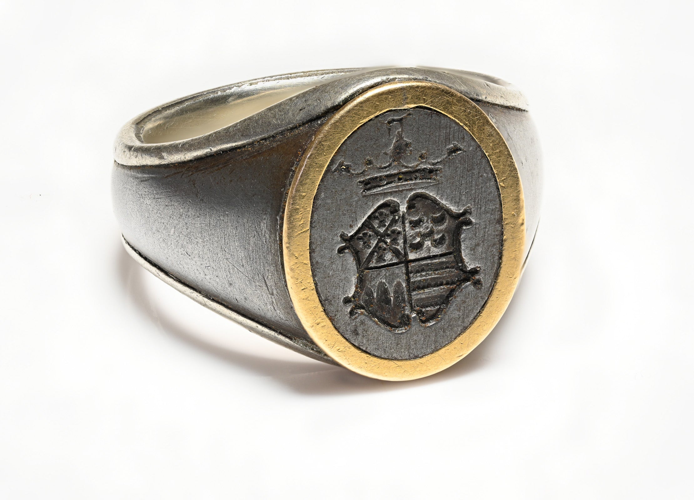 Antique Steel Silver Gold Crest Men's Ring