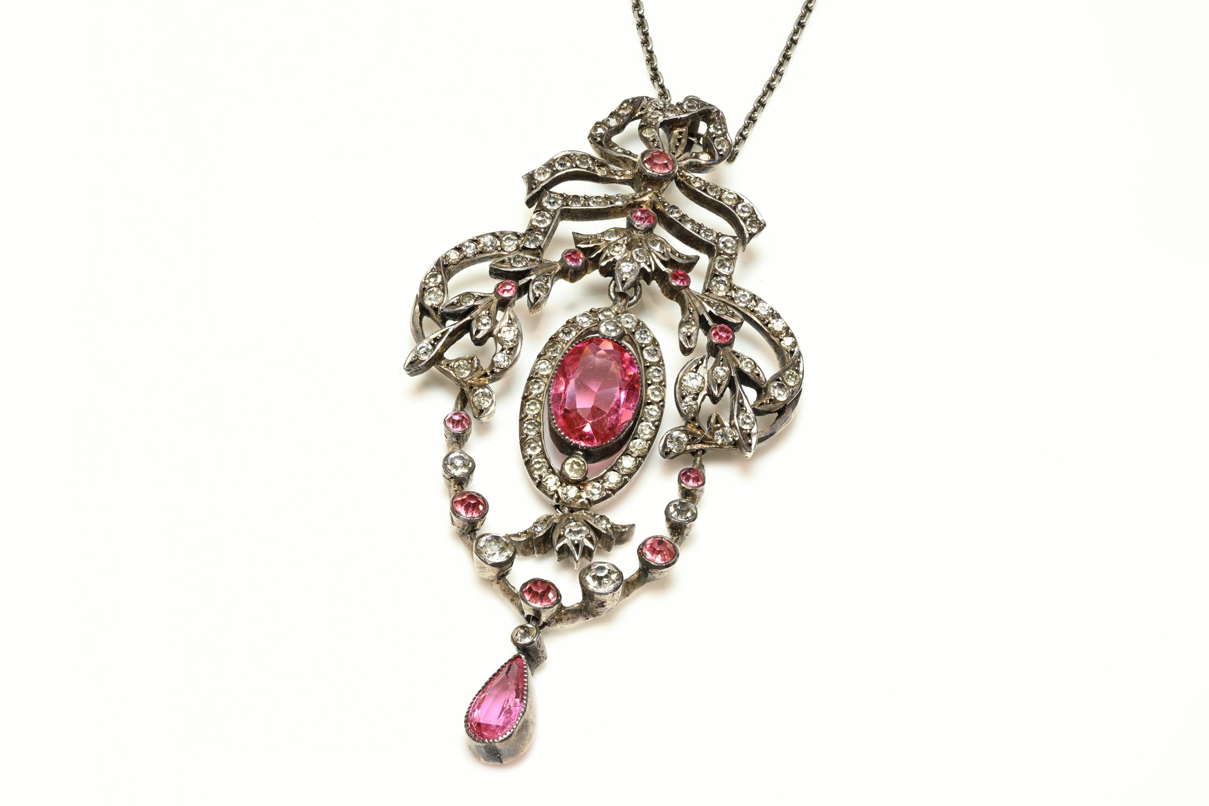 Antique 1900's Belle Epoque Bow Sterling Pink Paste Pendant Necklace