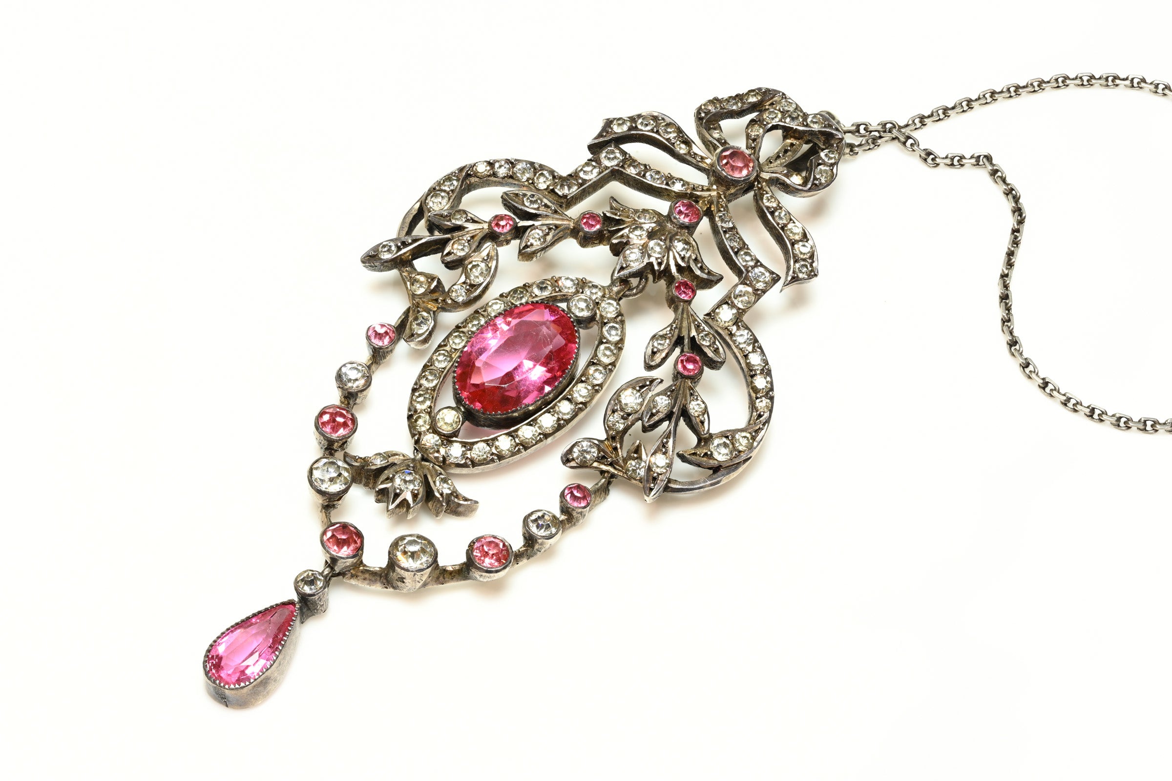 Antique 1900's Belle Epoque Bow Sterling Pink Paste Pendant Necklace 1