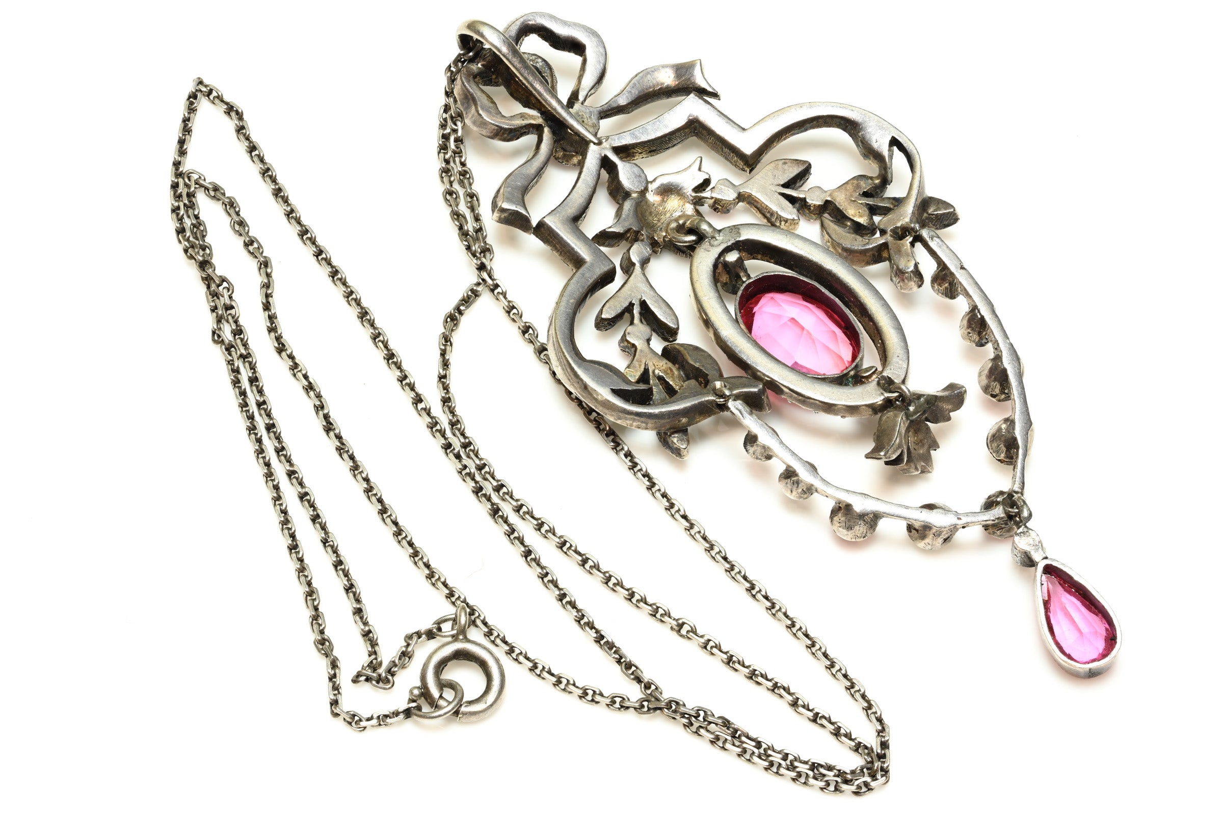 Antique 1900's Belle Epoque Bow Sterling Pink Paste Pendant Necklace 2