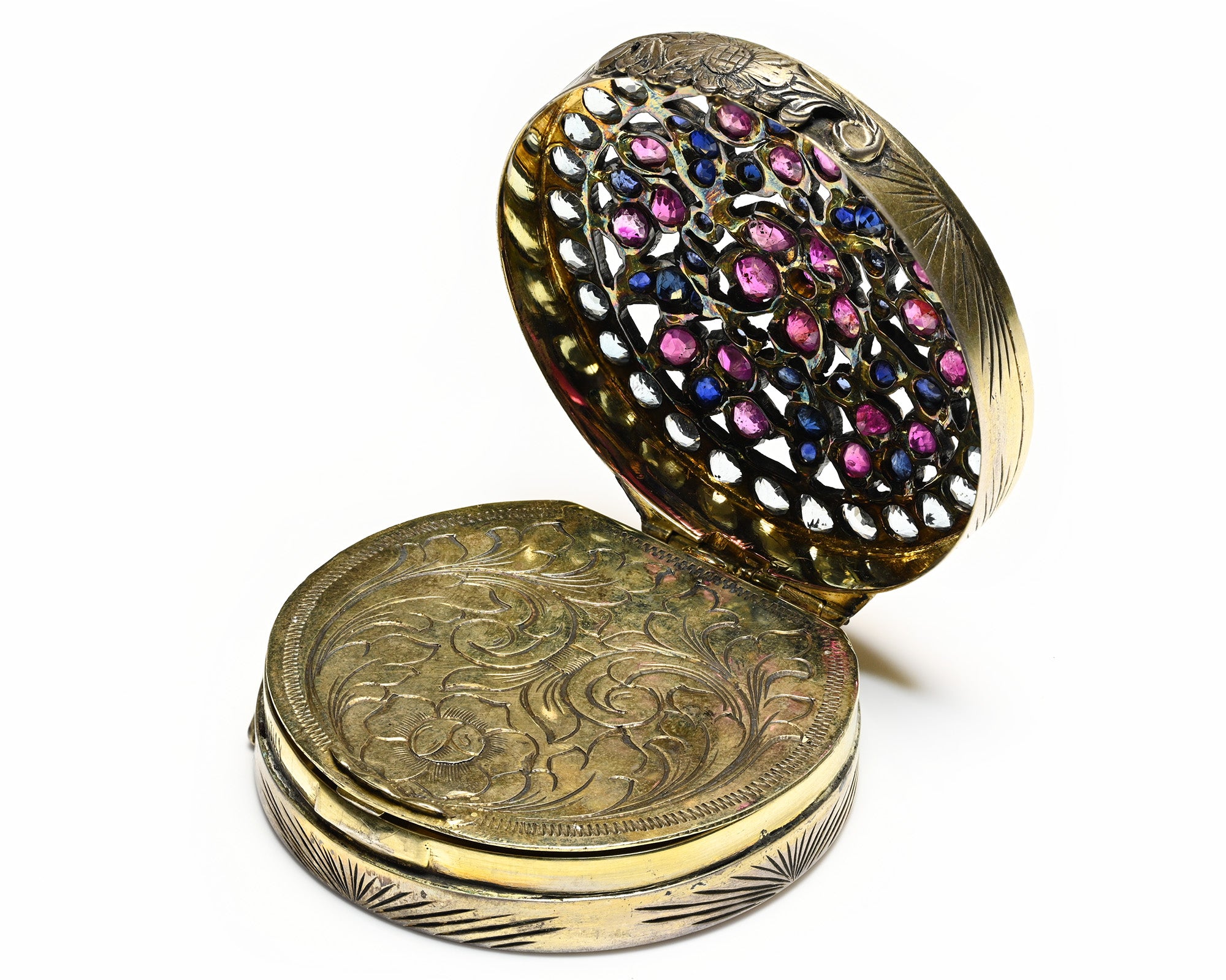 Jeweled Compact Mirror in 900 Silver with Rubies, Sapphires & Aquamarines