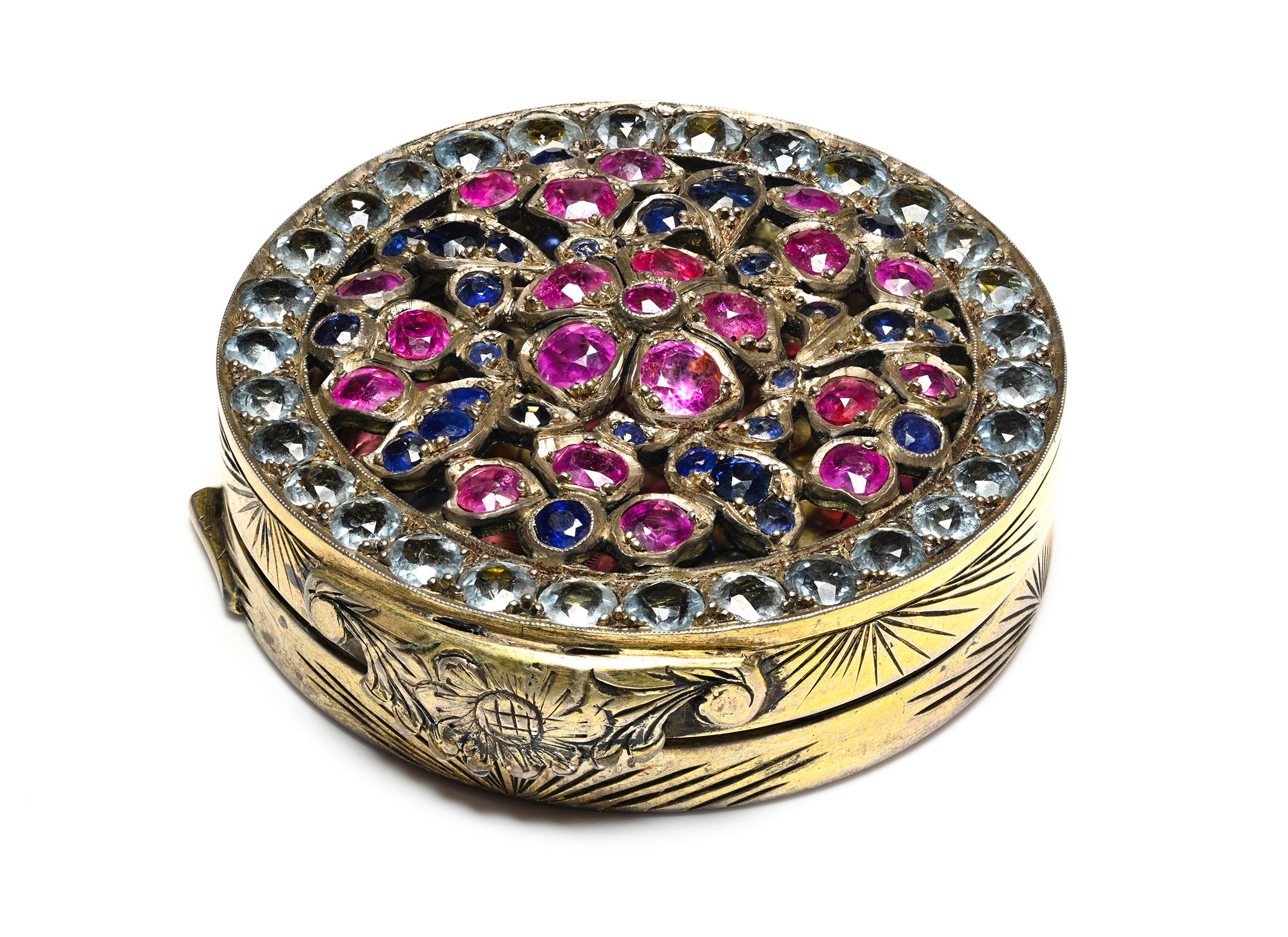 Aquamarines Jeweled Compact Mirror Silver Rubies, Sapphires