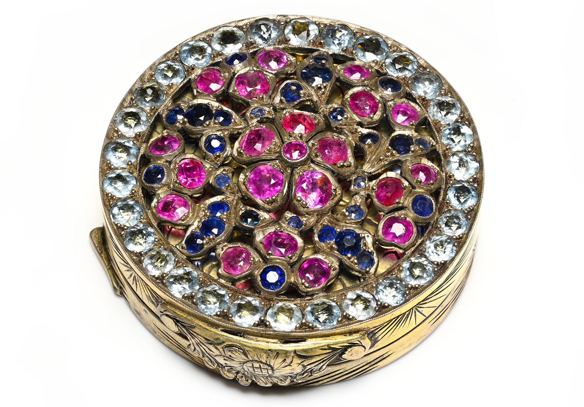 Jeweled Compact Mirror in 900 Silver Rubies, Sapphires Aquamarines
