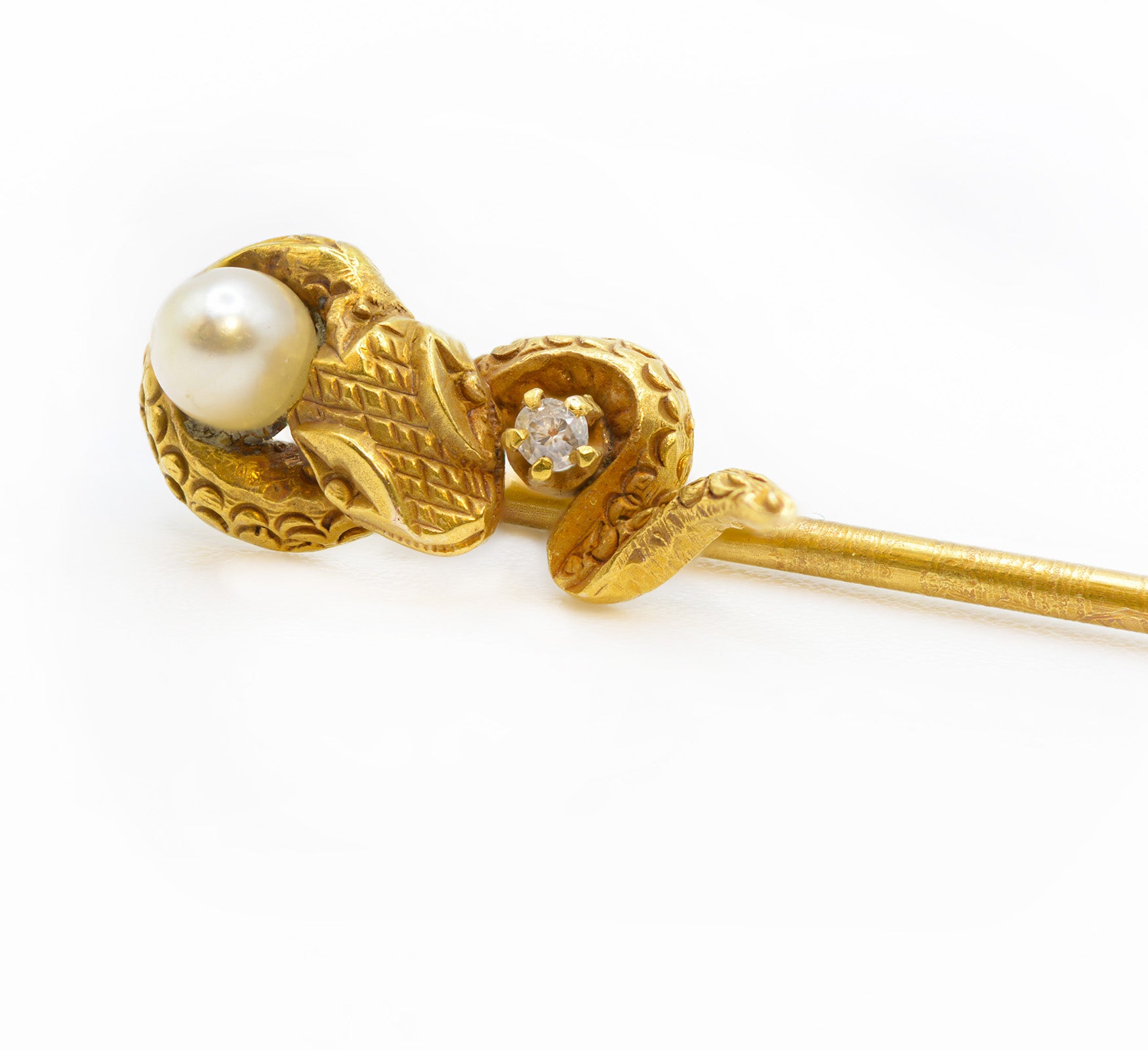 Art Nouveau 14K Yellow Gold Pearl Diamond Snake Stick Pin