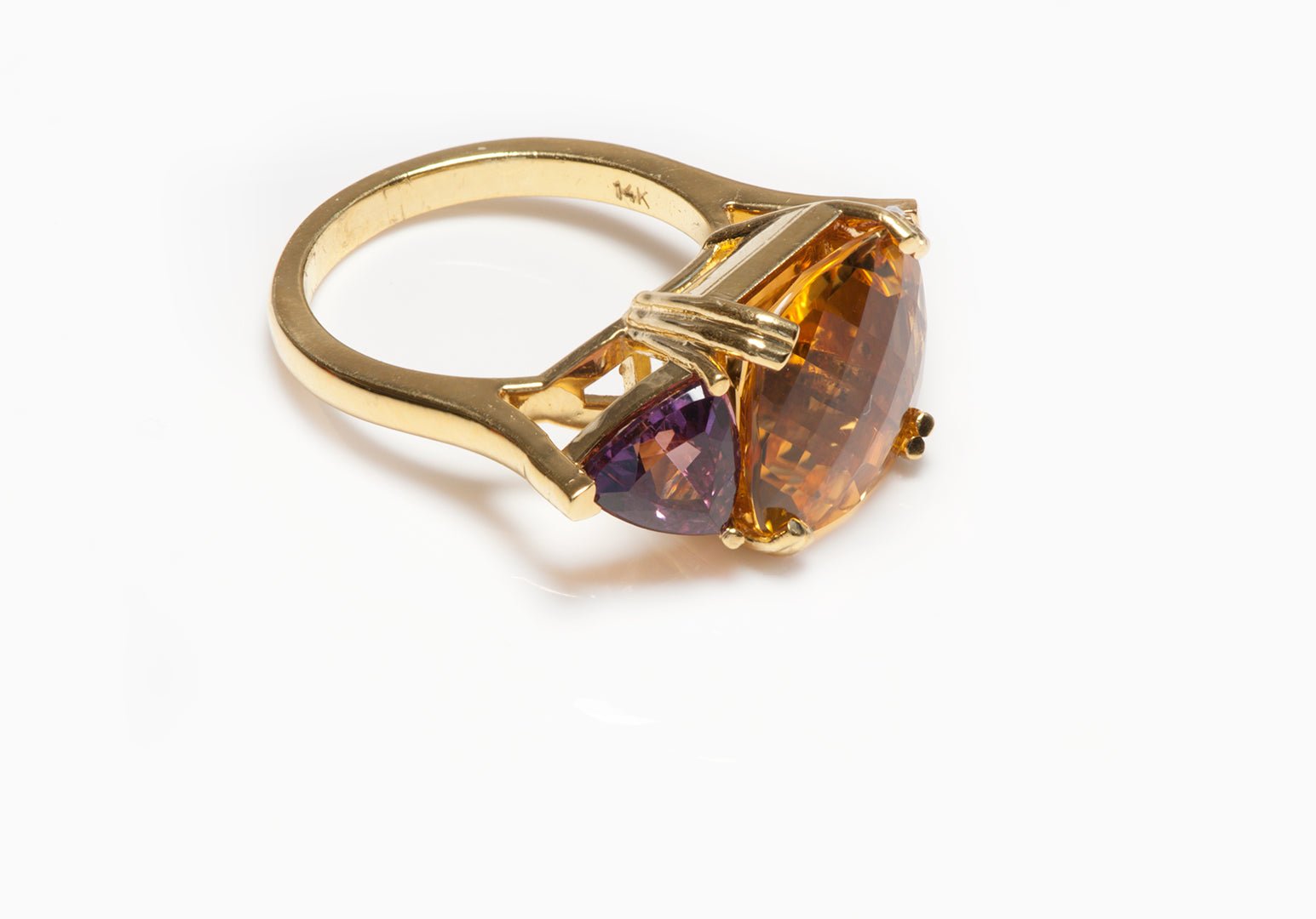 Square Cut Citrine & Triangle Cut Tourmaline 14K Yellow Gold Ring
