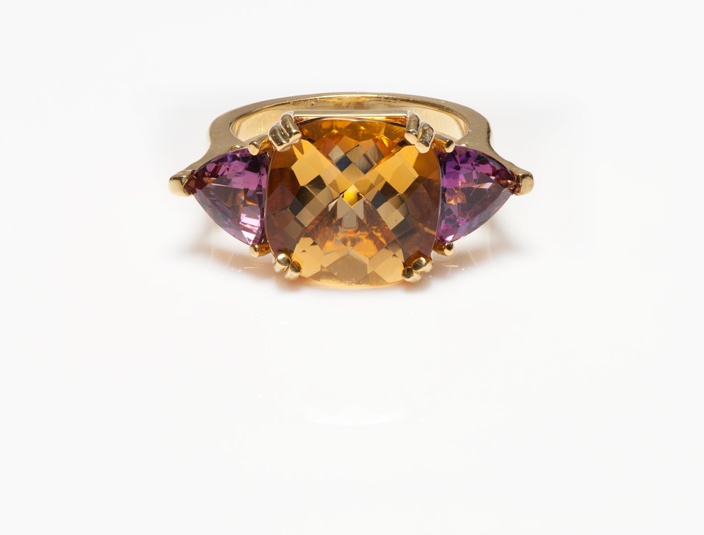 Square Cut Citrine & Triangle Cut Tourmaline 14K Yellow Gold Ring