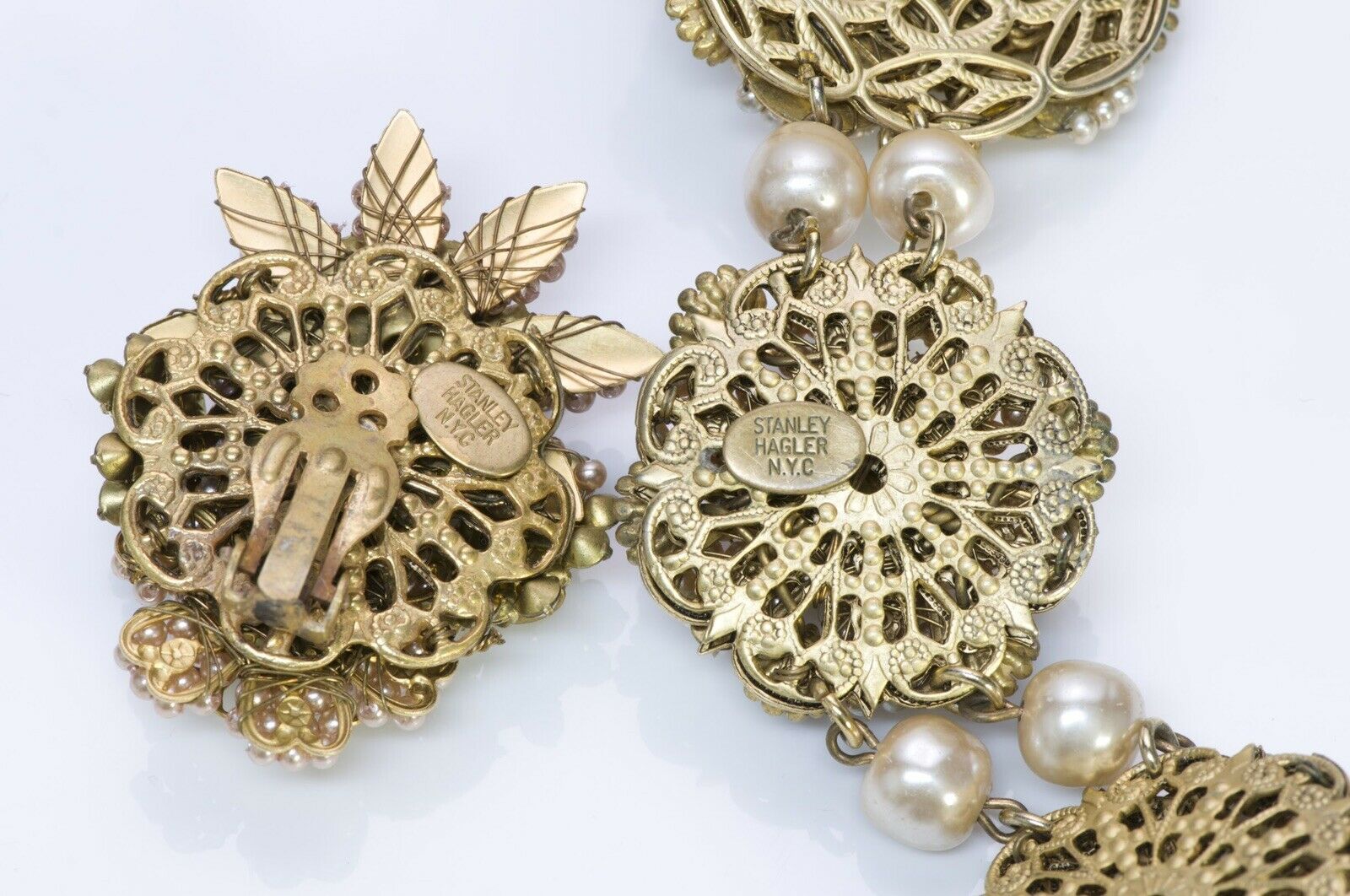 Stanley Hagler NYC Beaded Pink Pearl Crystal Flower Necklace Earrings Set