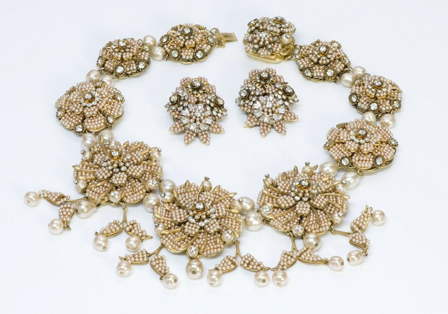 Stanley Hagler NYC Beaded Pink Pearl Crystal Flower Necklace Earrings Set