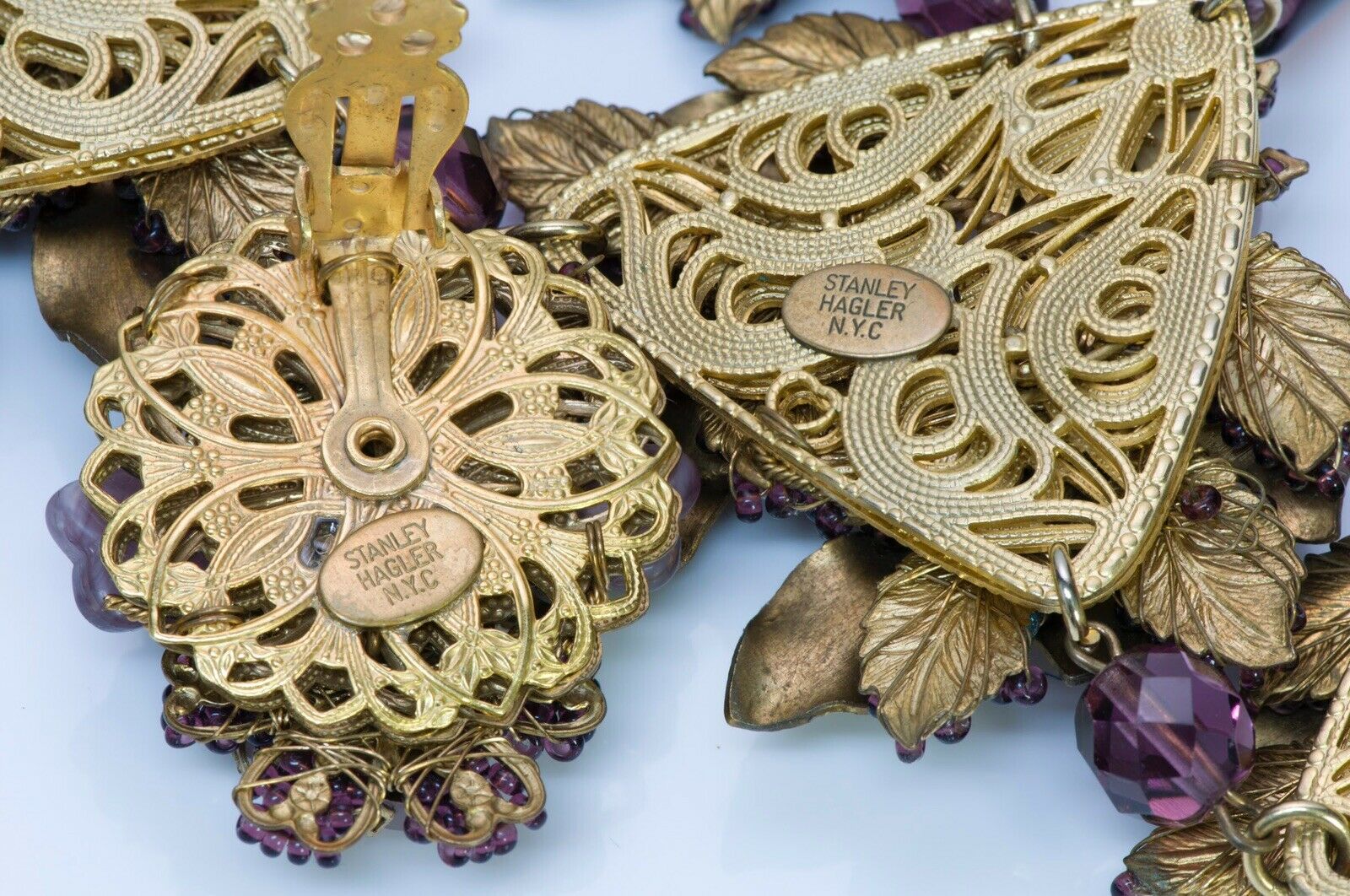 Stanley Hagler NYC Brass Purple Glass Drops Beaded Flower Necklace Earrings Set