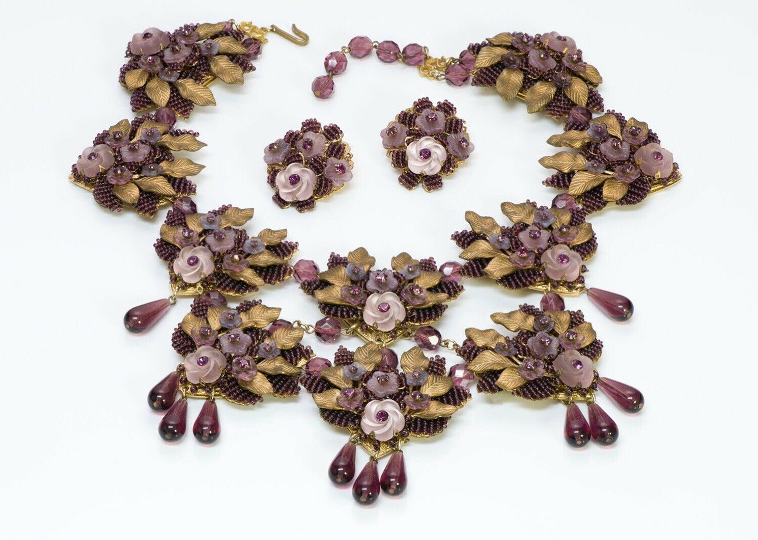 Stanley Hagler NYC Brass Purple Glass Drops Beaded Flower Necklace Earrings Set