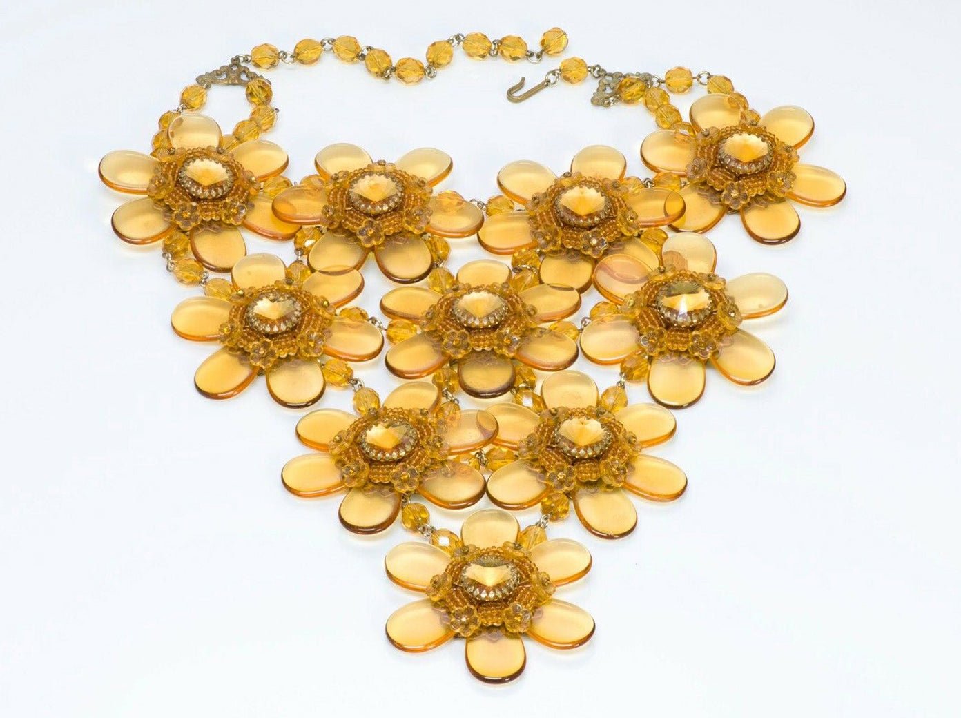 Stanley Hagler NYC Long Yellow Beaded Flower Glass Crystal Bib Necklace