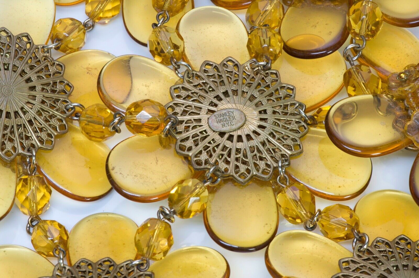 Stanley Hagler NYC Long Yellow Beaded Flower Glass Crystal Bib Necklace