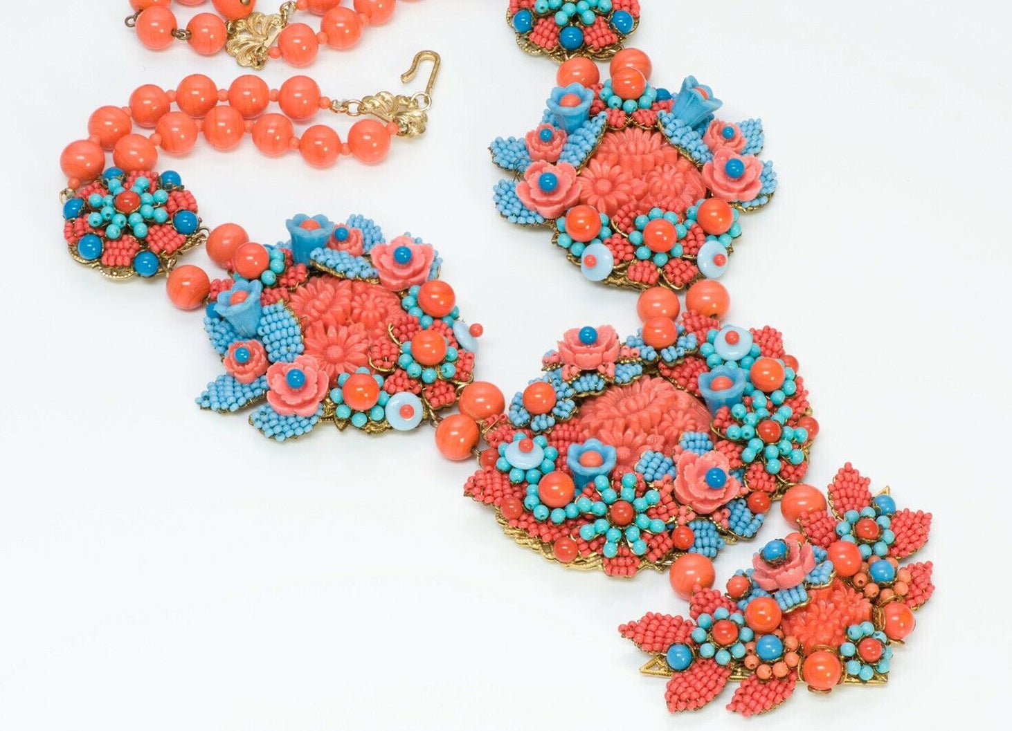 Stanley Hagler NYC Orange Blue Glass Beads Flower Necklace Earrings Set