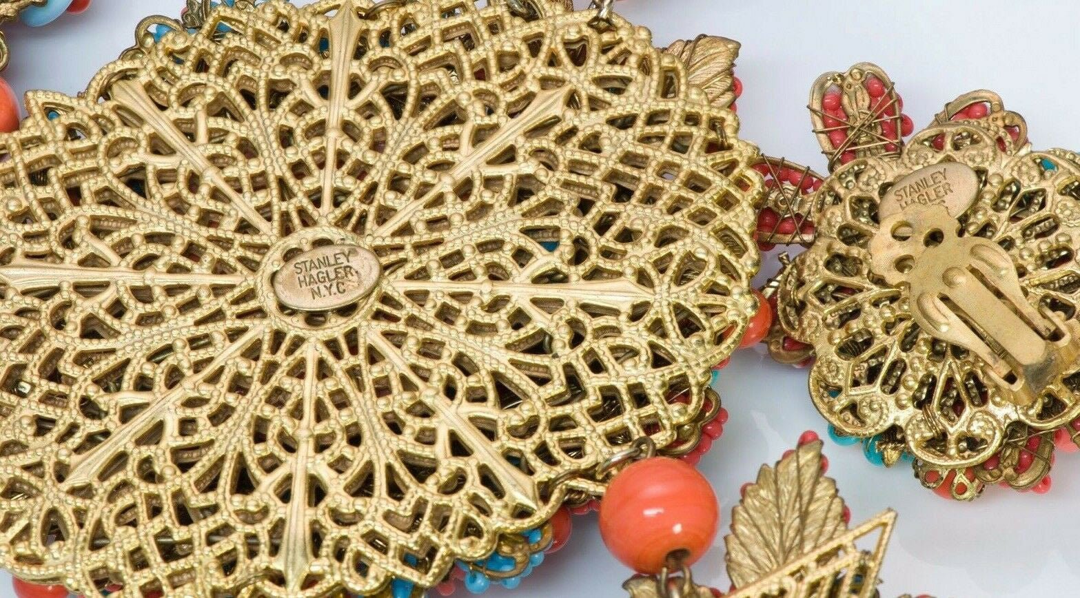 Stanley Hagler NYC Orange Blue Glass Beads Flower Necklace Earrings Set